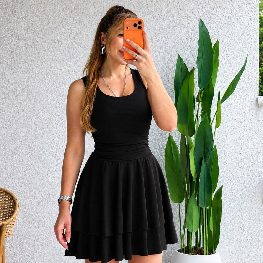 Women's Black Sleeveless Round Neck Tiered Short Sandy Dress - Janes - by Peralane