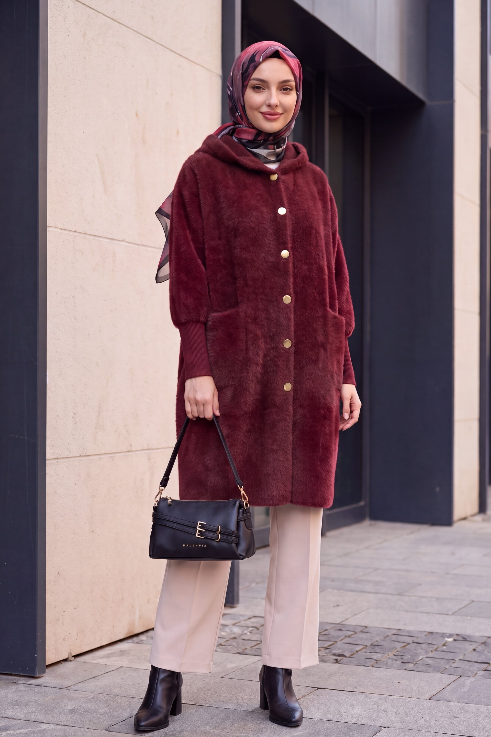 Hooded Double Pocket Button Front Fuzzy Cardigan - Burgundy - Podyumplus - by Peralane - photo 4