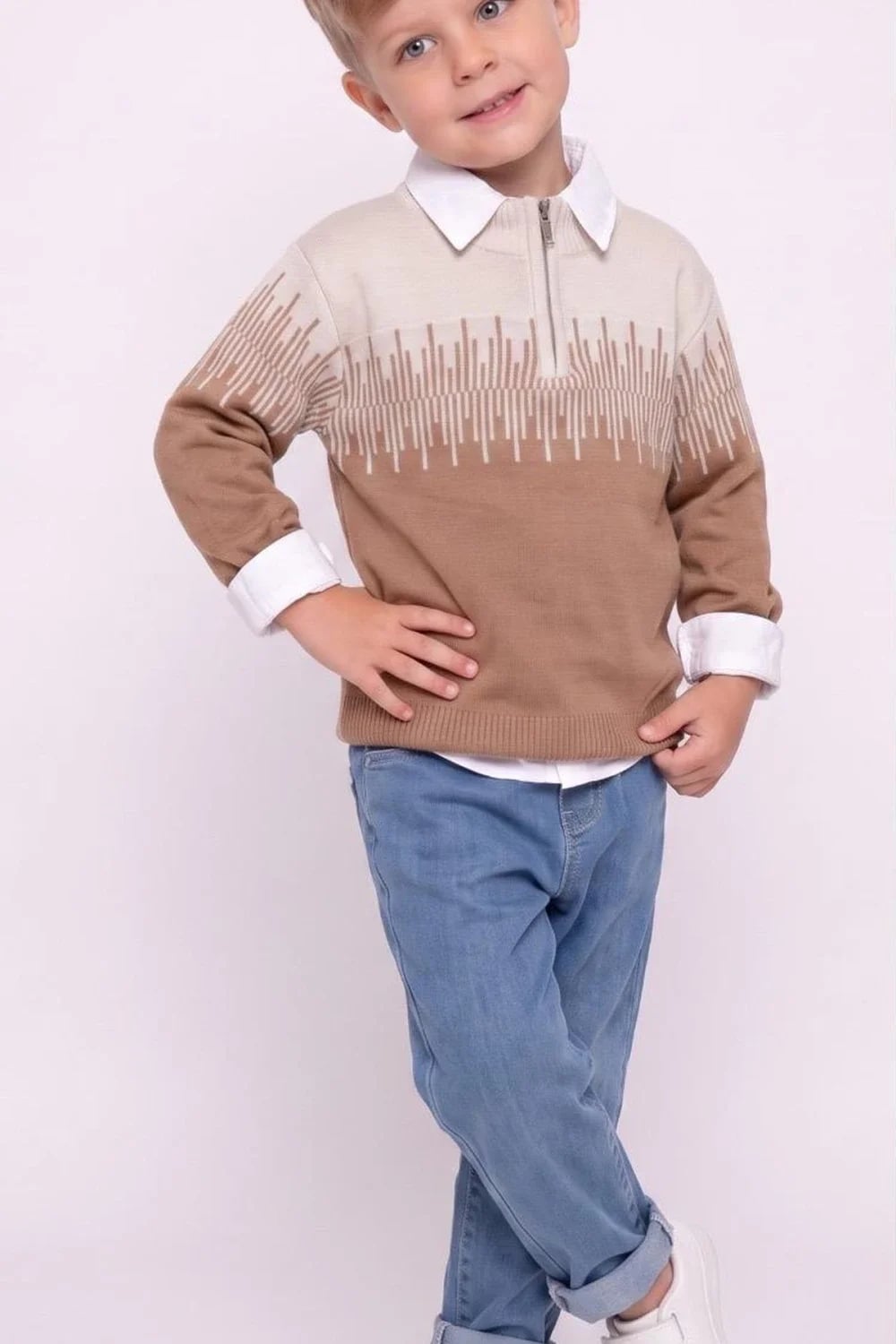 Boys' Knitted Sweater Set with Geometric Print - Beige - Has Bereket - by Peralane