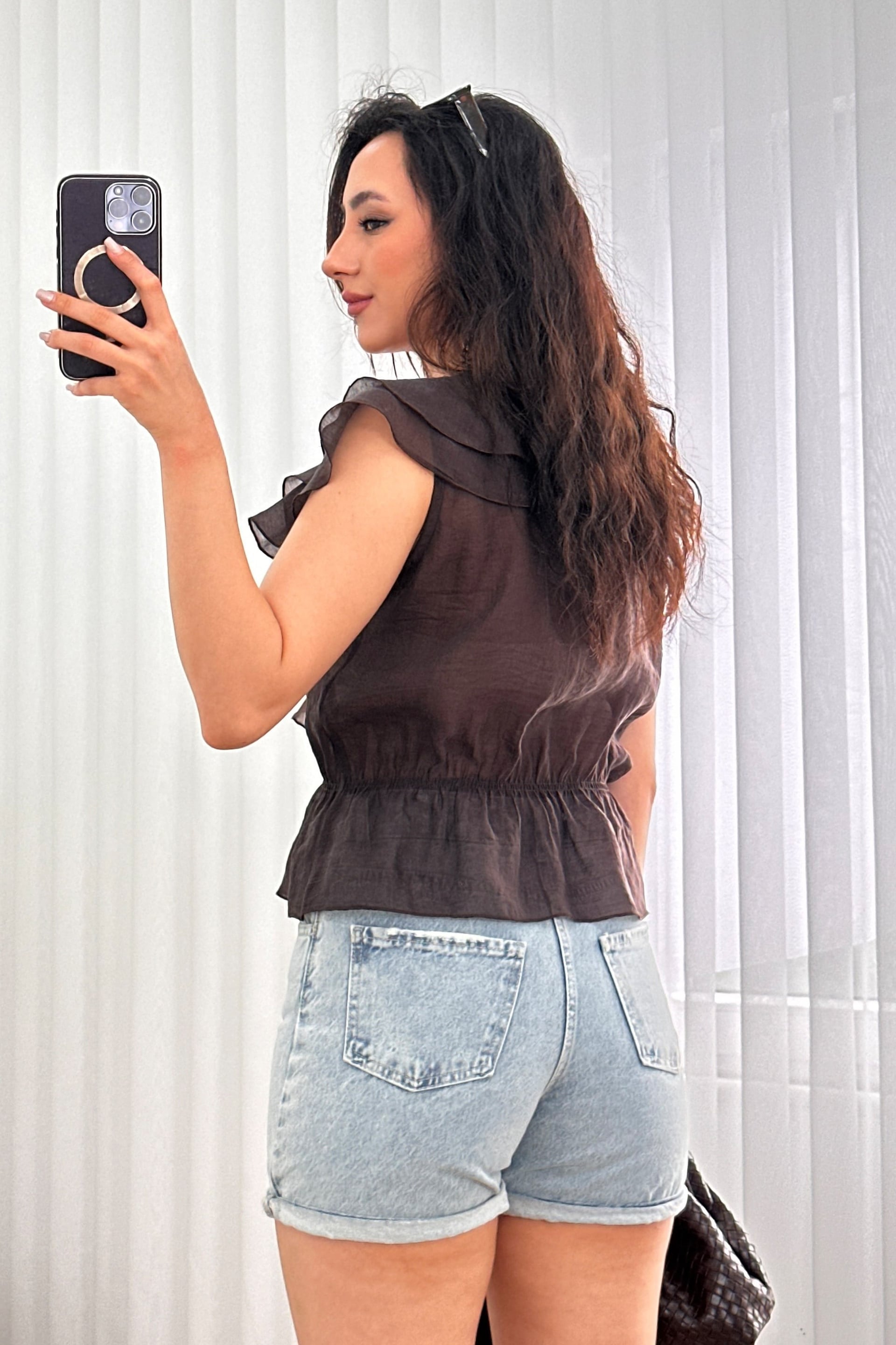 Cascading Ruffle V-Neck Brown Blouse with Tie Front - Lustri̇n - by Peralane - photo 5