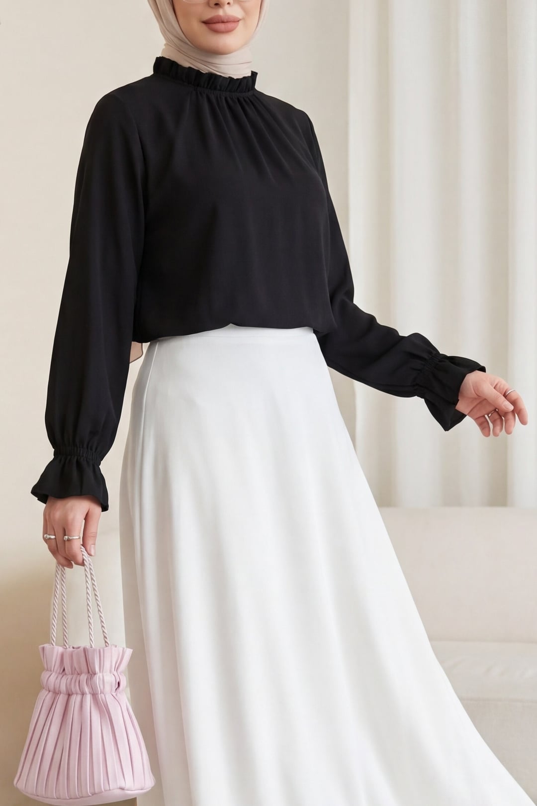 Black Ruffled Neck Poplin Blouse with Long Puffed Sleeves - Podyumplus - by Peralane