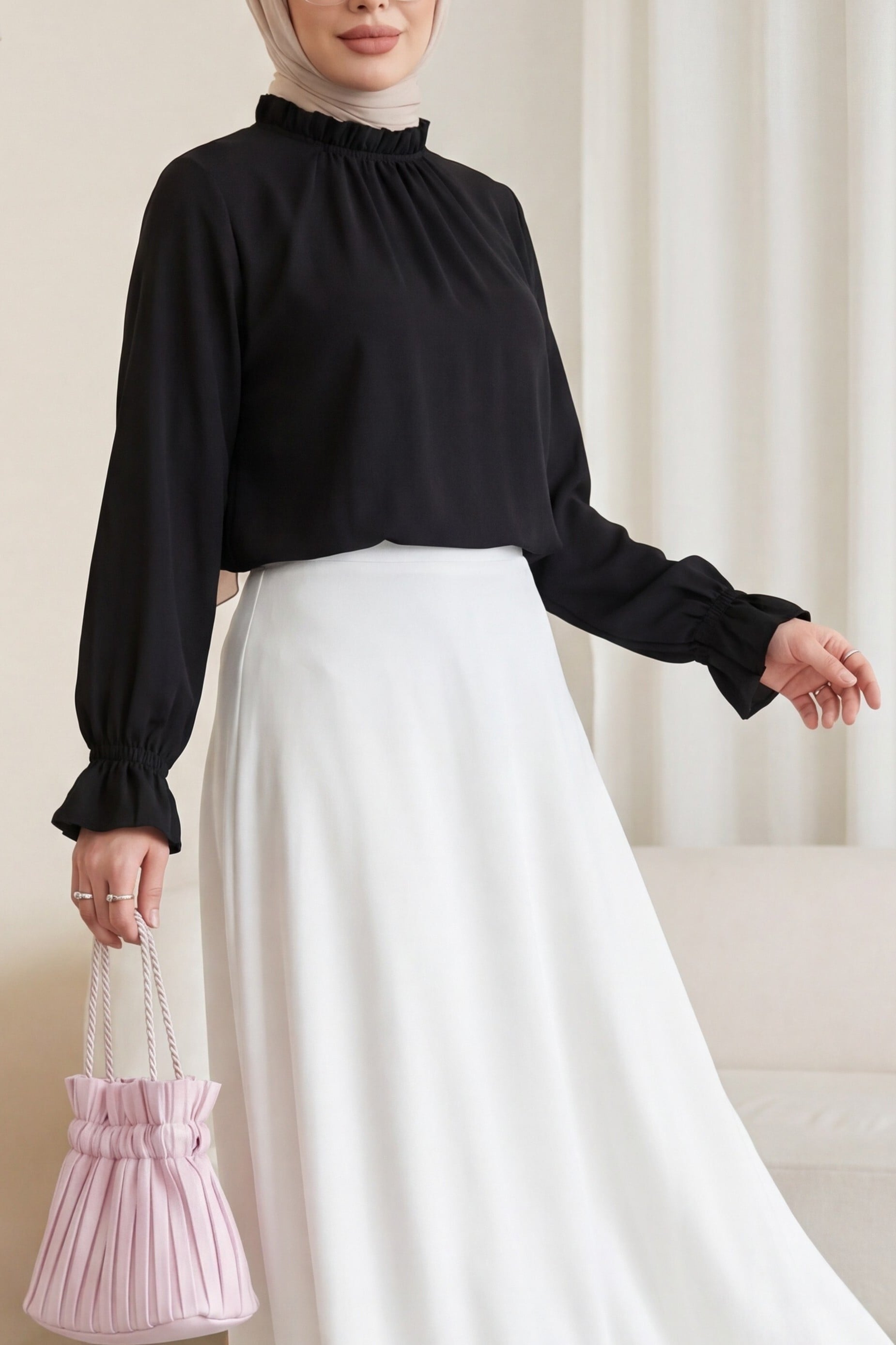 Black Ruffled Neck Poplin Blouse with Long Puffed Sleeves - Podyumplus - by Peralane