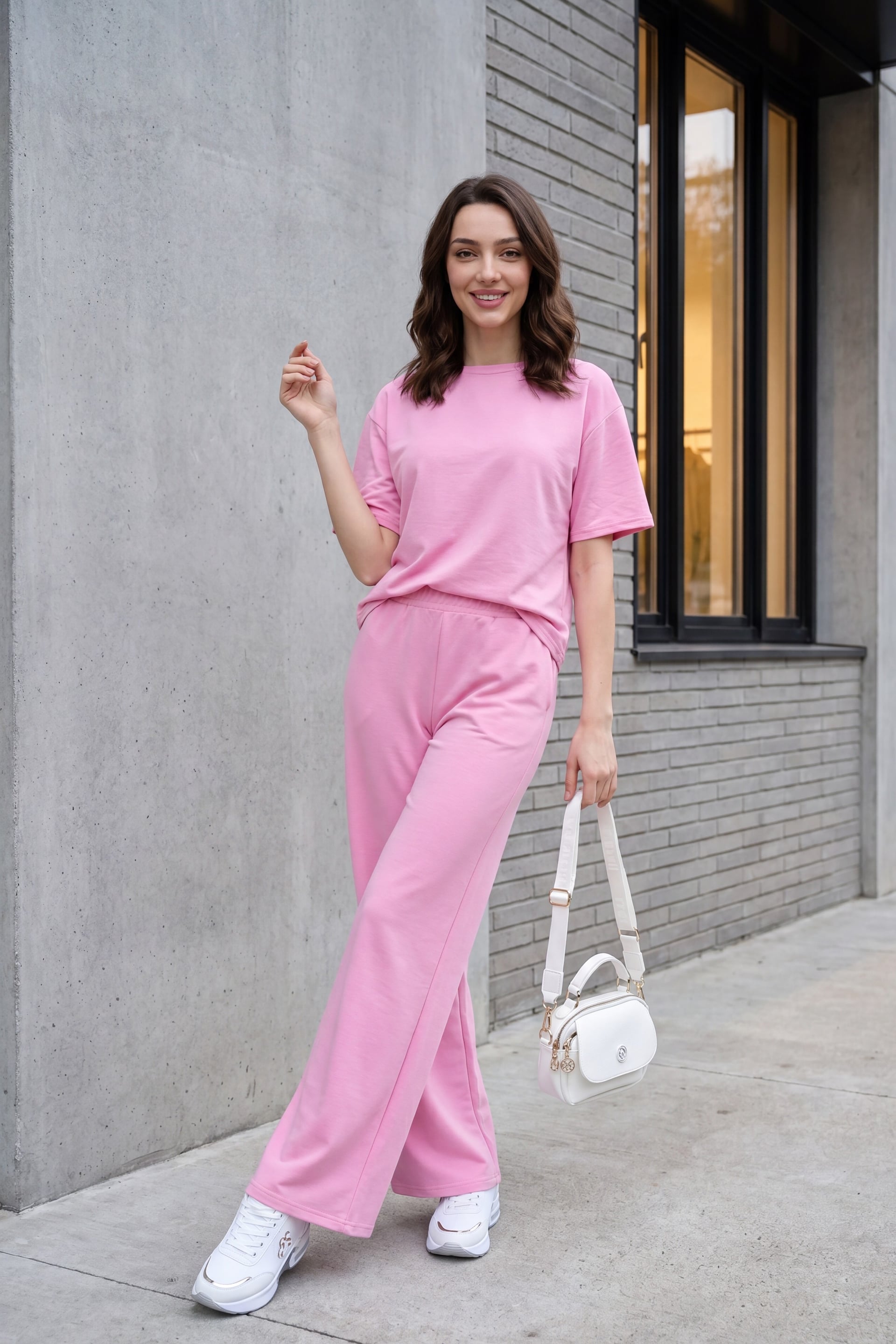 Crew Neck Short Sleeve Pants Set with Pockets and Drawstring Waist - Cotton-blend Knit - Pink - Podyumplus - by Peralane - photo 2