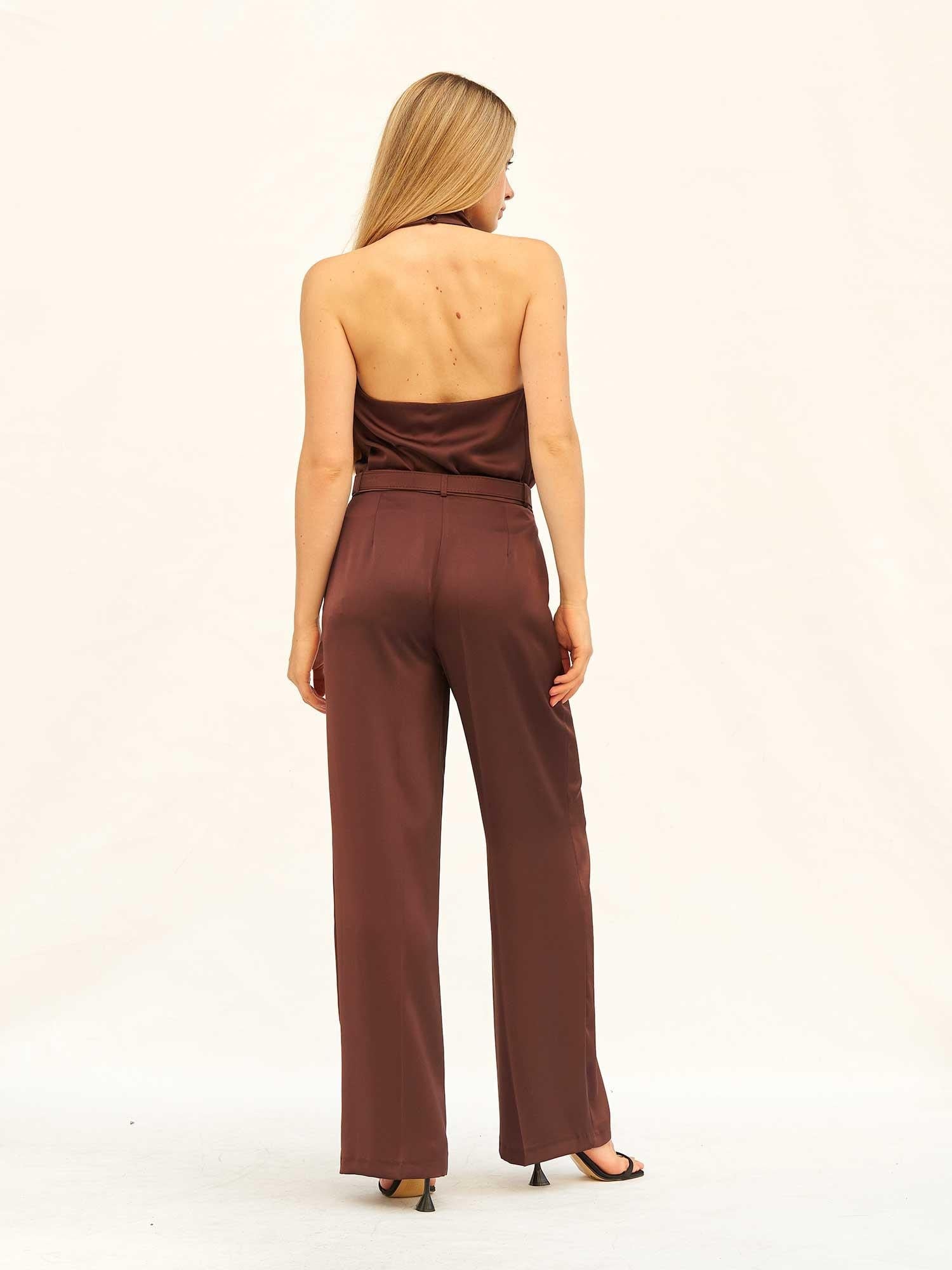 Belted Satin Wide-Leg Trousers with Matching Halterneck Top - Lefon - by Peralane - photo 3