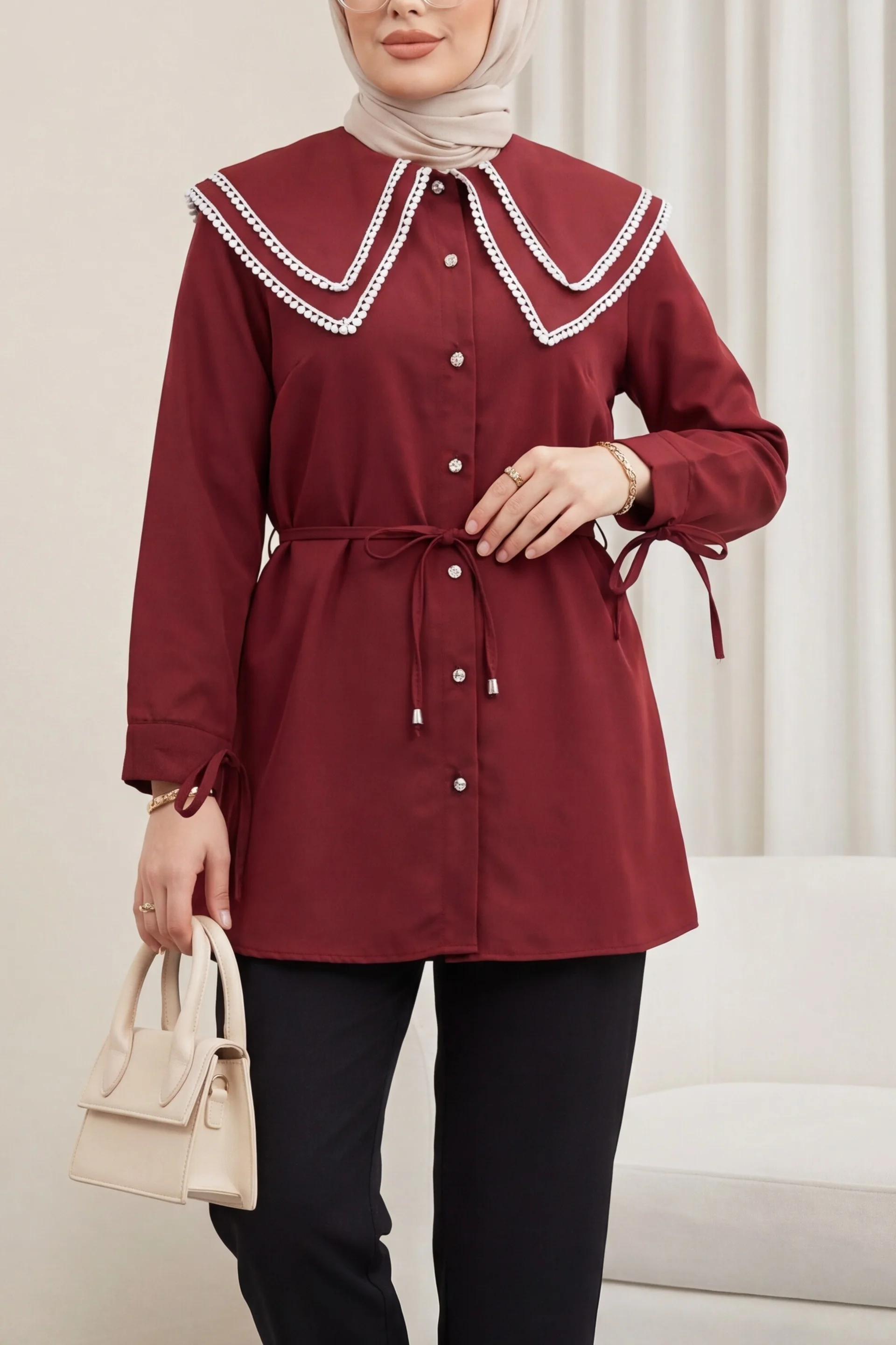 Lace Collar Poplin Tunic with Tie Belt and Cuffs - Bordeaux - Podyumplus - by Peralane
