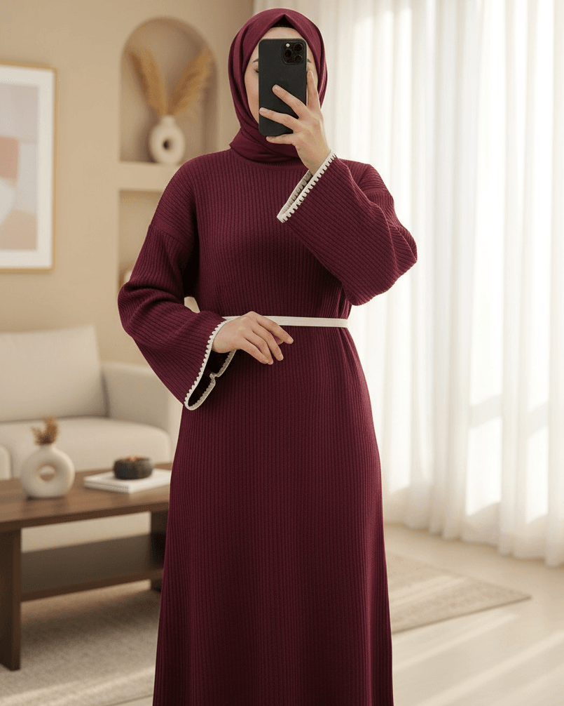 Embroidered Lace-Up Knit Dress - Burgundy - Podyumplus - by Peralane - photo 2