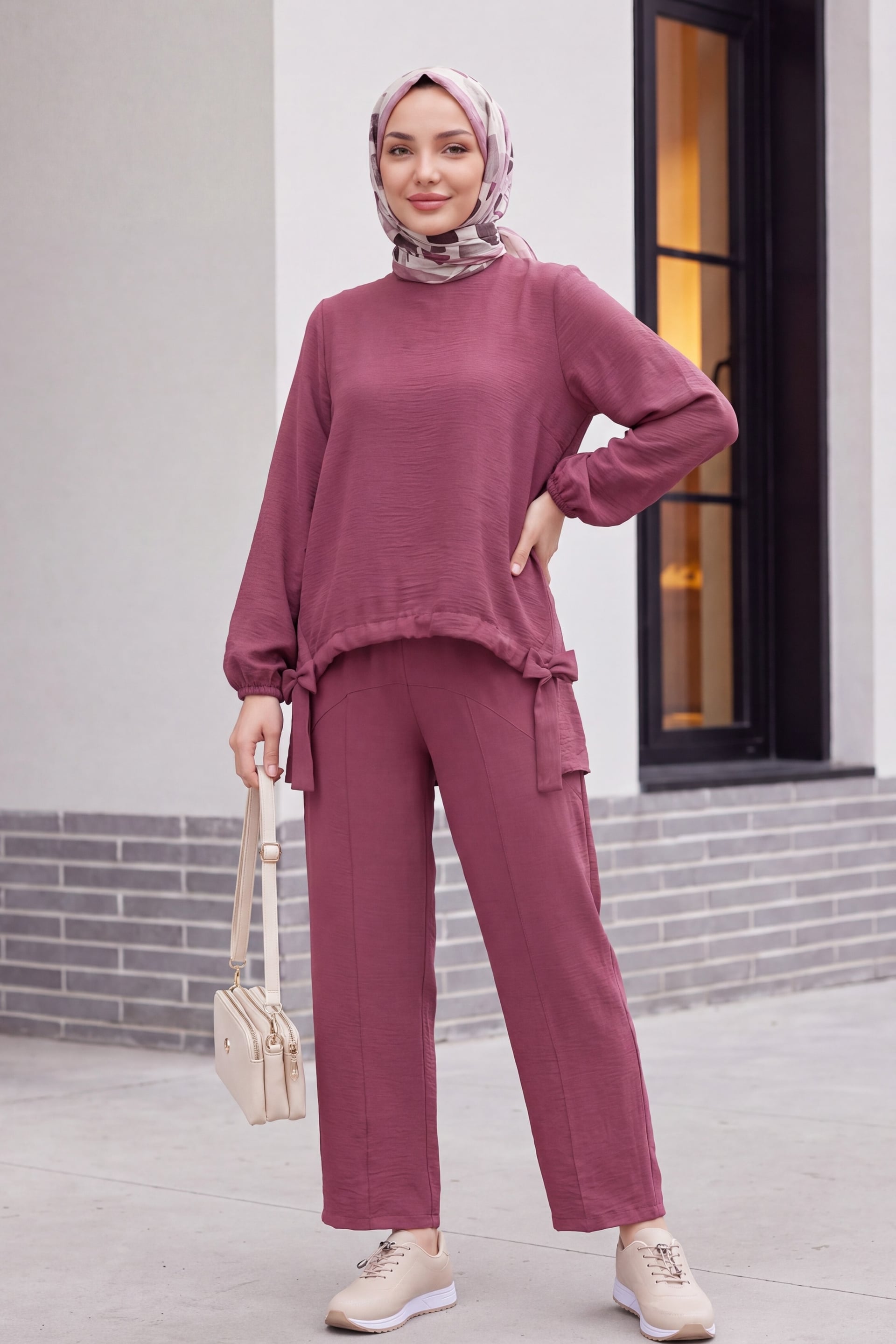 Front Drawstring Wide-Leg Trousers and Top Modest Co-ord Set - Deep Rose - Podyumplus - by Peralane - photo 2