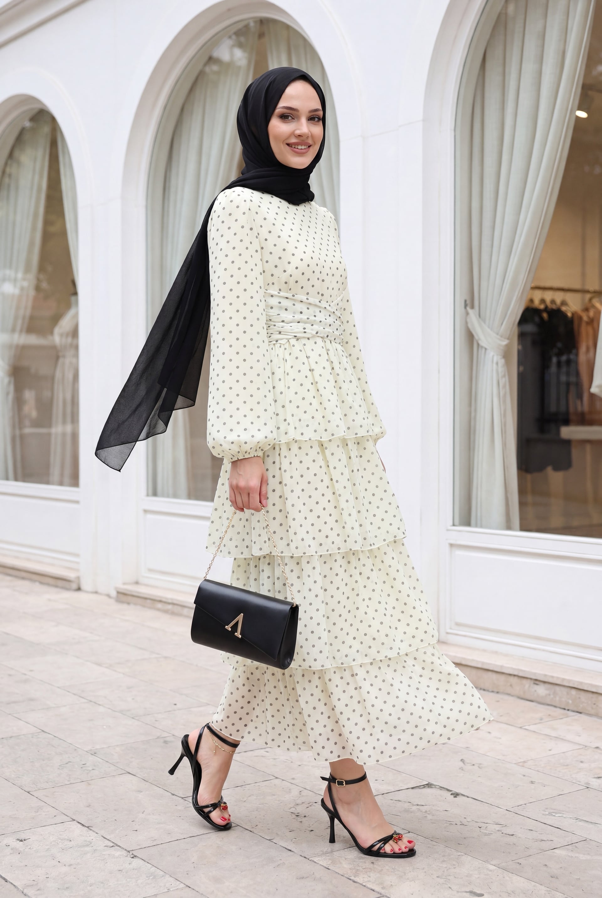 Cream Polka Dot Tiered Chiffon Dress with Cross-Tie Belt - Podyumplus - by Peralane