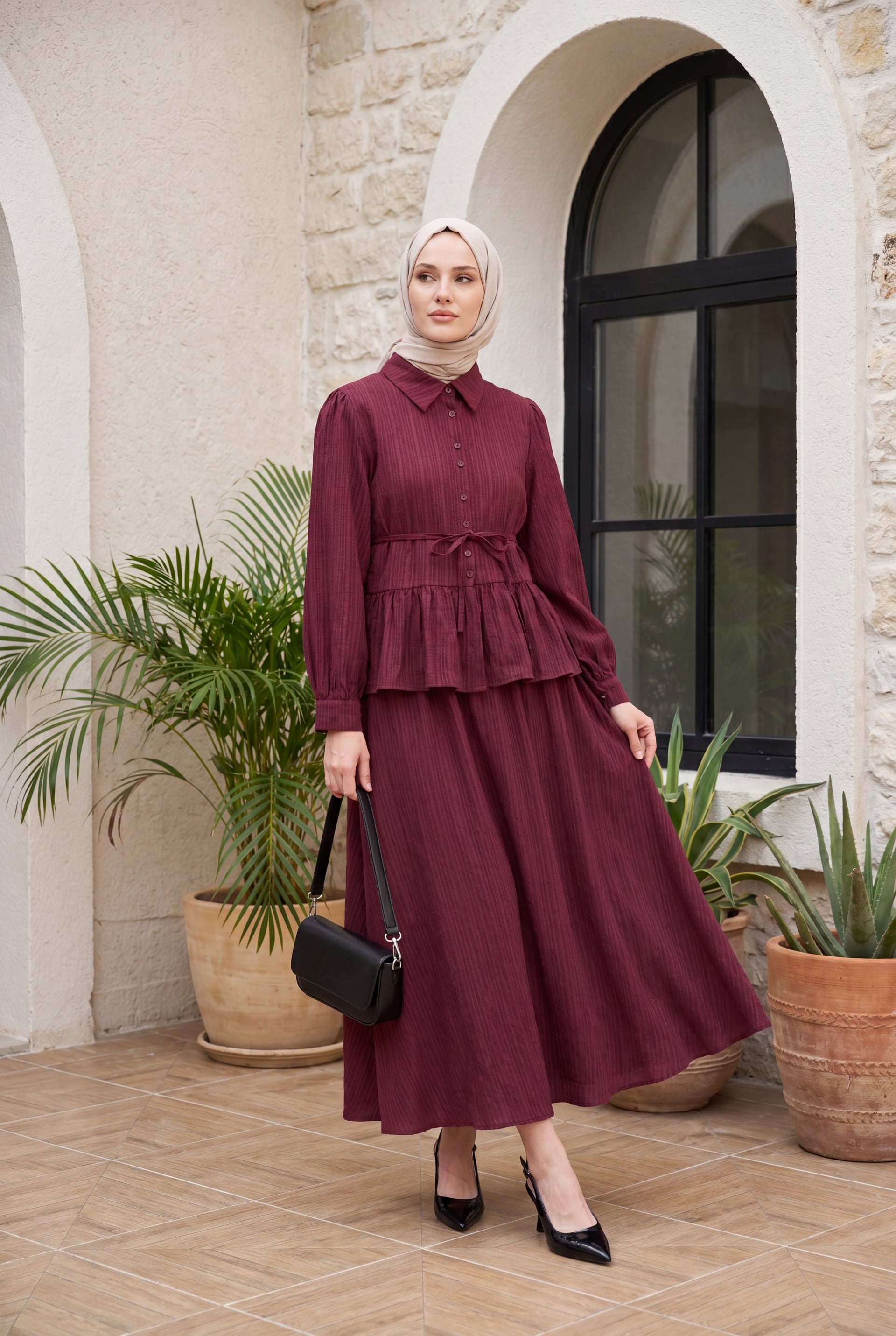 Ruffled Skirt Buttoned Lace-Up Two-Piece Modest Set - Berry - Podyumplus - by Peralane - photo 2