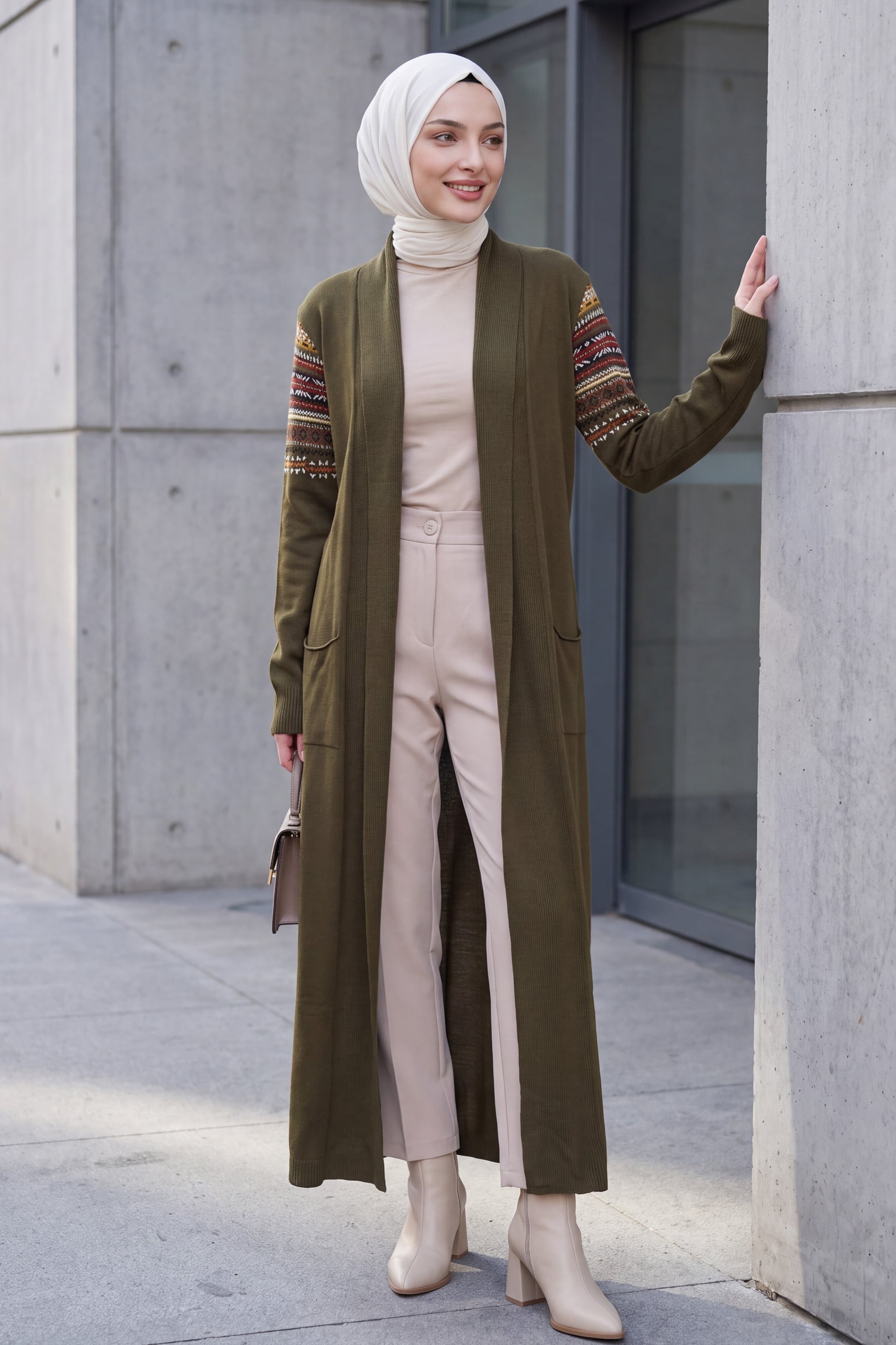 Long Knit Cardigan with Belt - Olive Green - Wholeskop - by Peralane - photo 4
