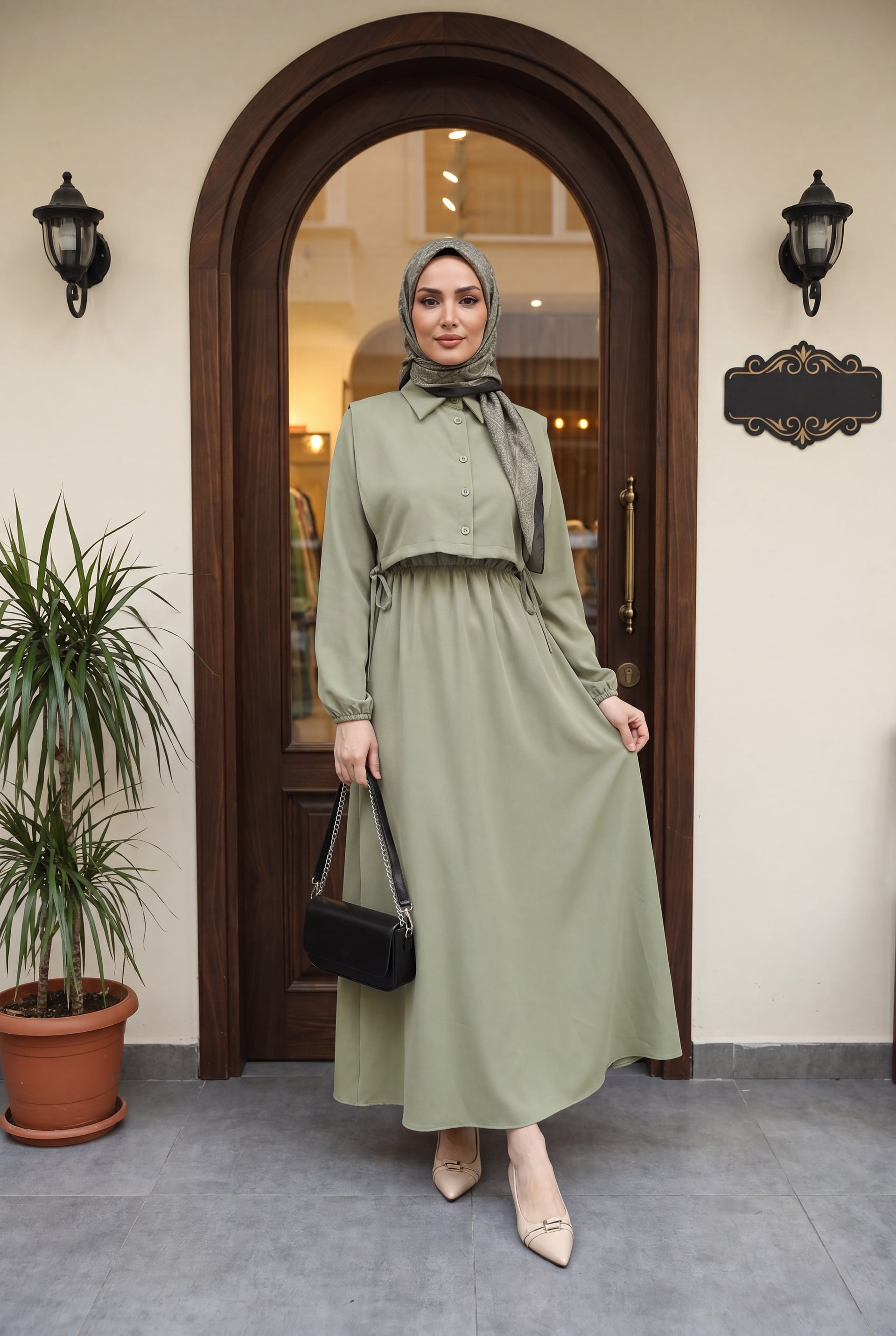 Shirt-Detail Long Dress Set in Muted Green - Podyumplus - by Peralane