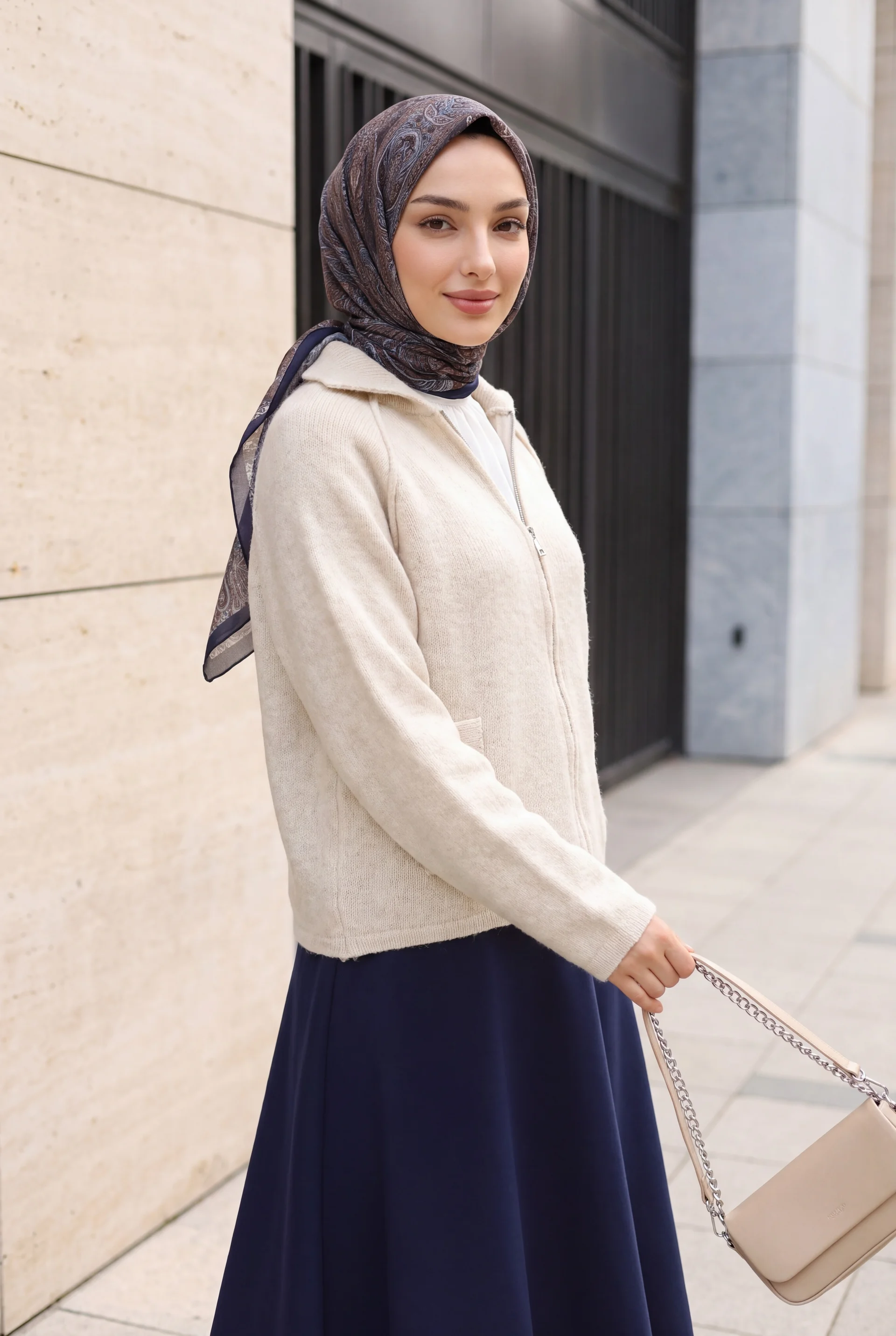 Polo Collar Zip Front Pocket Detail Knitted Cardigan - Stone Colour - Podyumplus - by Peralane - photo 2
