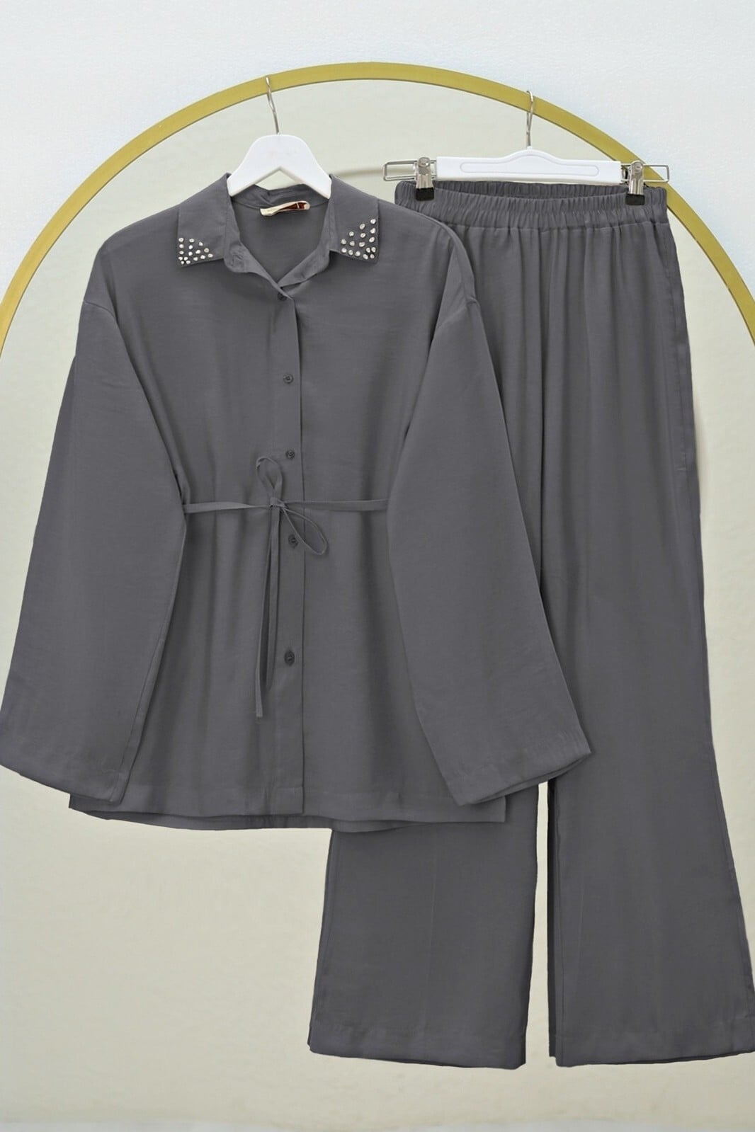 Studded Collar Tie-Waist Tunic and Wide-Leg Trousers Set - Smoke - Podyumplus - by Peralane - photo 6