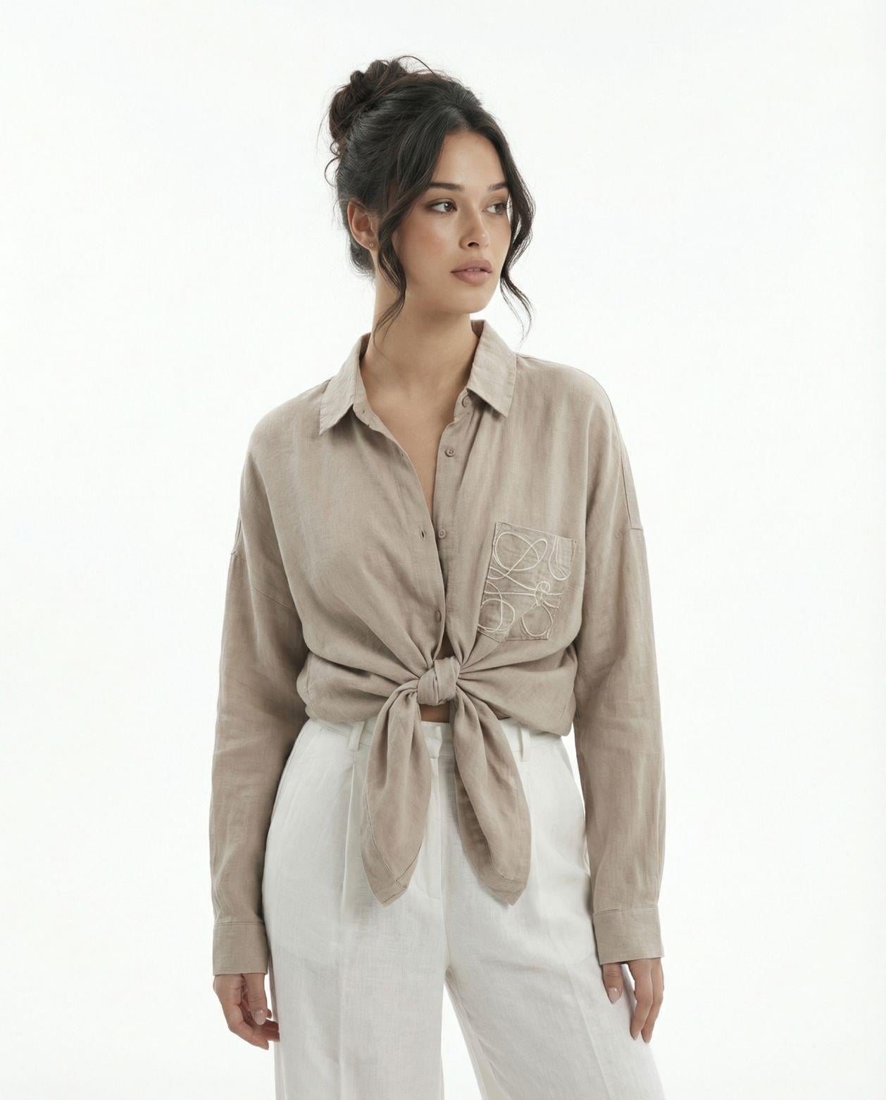 Women's Linen Blouse and Trousers Set in Beige and White - Fame - by Peralane - photo 2