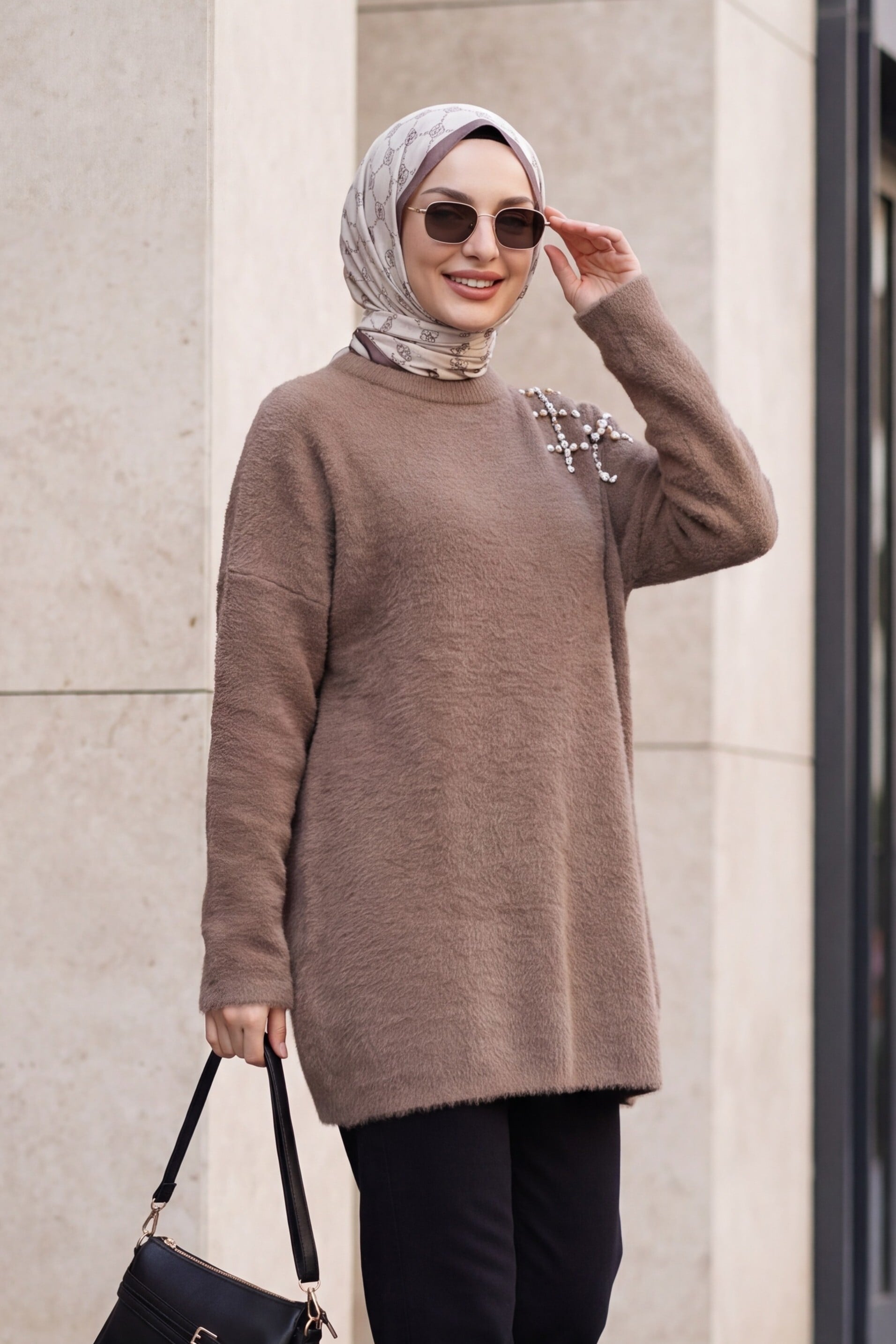 Women's Stone Embellished Fuzzy Knit Tunic in Light Brown - Podyumplus - by Peralane - photo 2