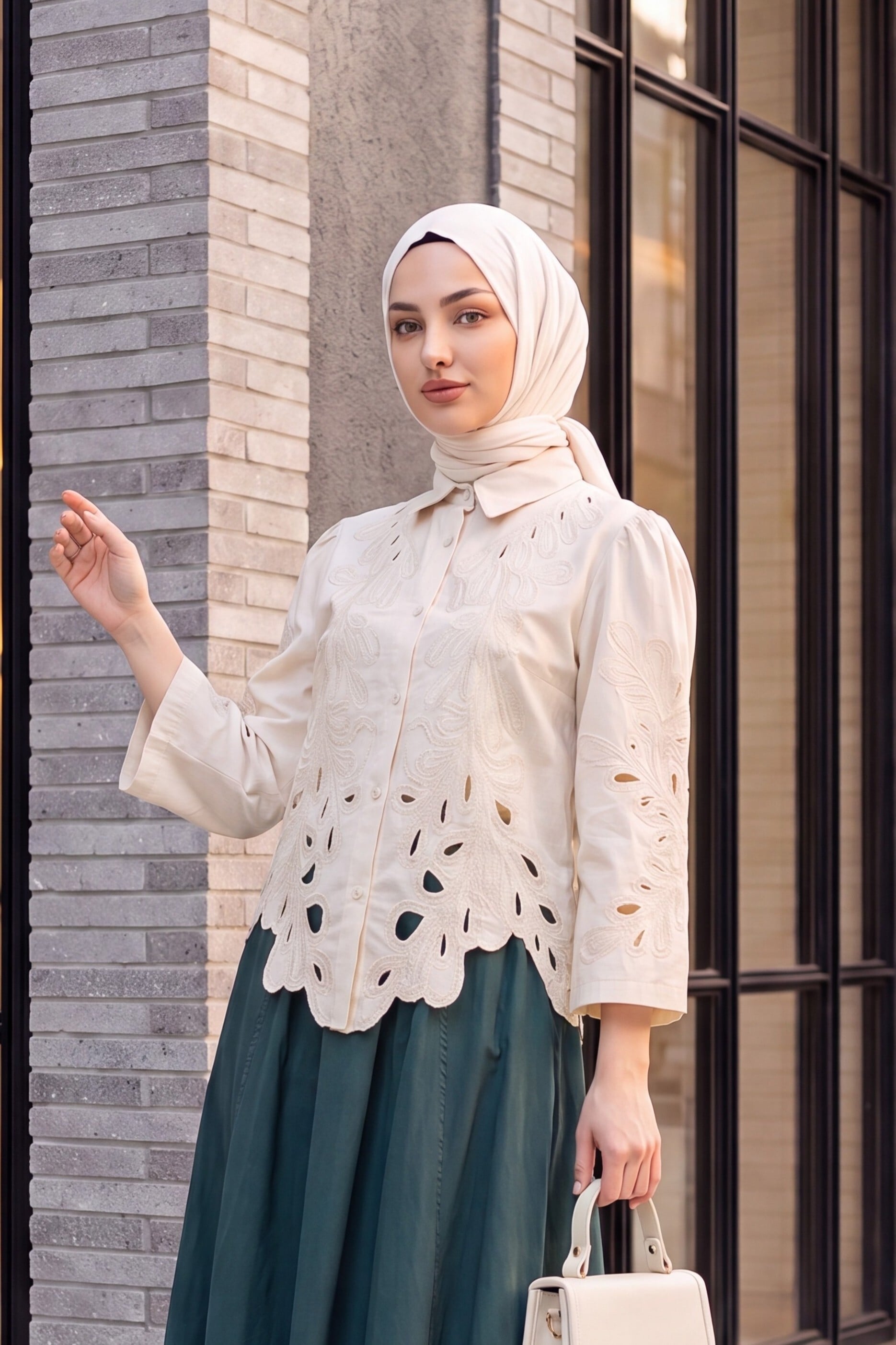 Cream Embroidered Wide-Sleeve Linen Look Blouse - Podyumplus - by Peralane