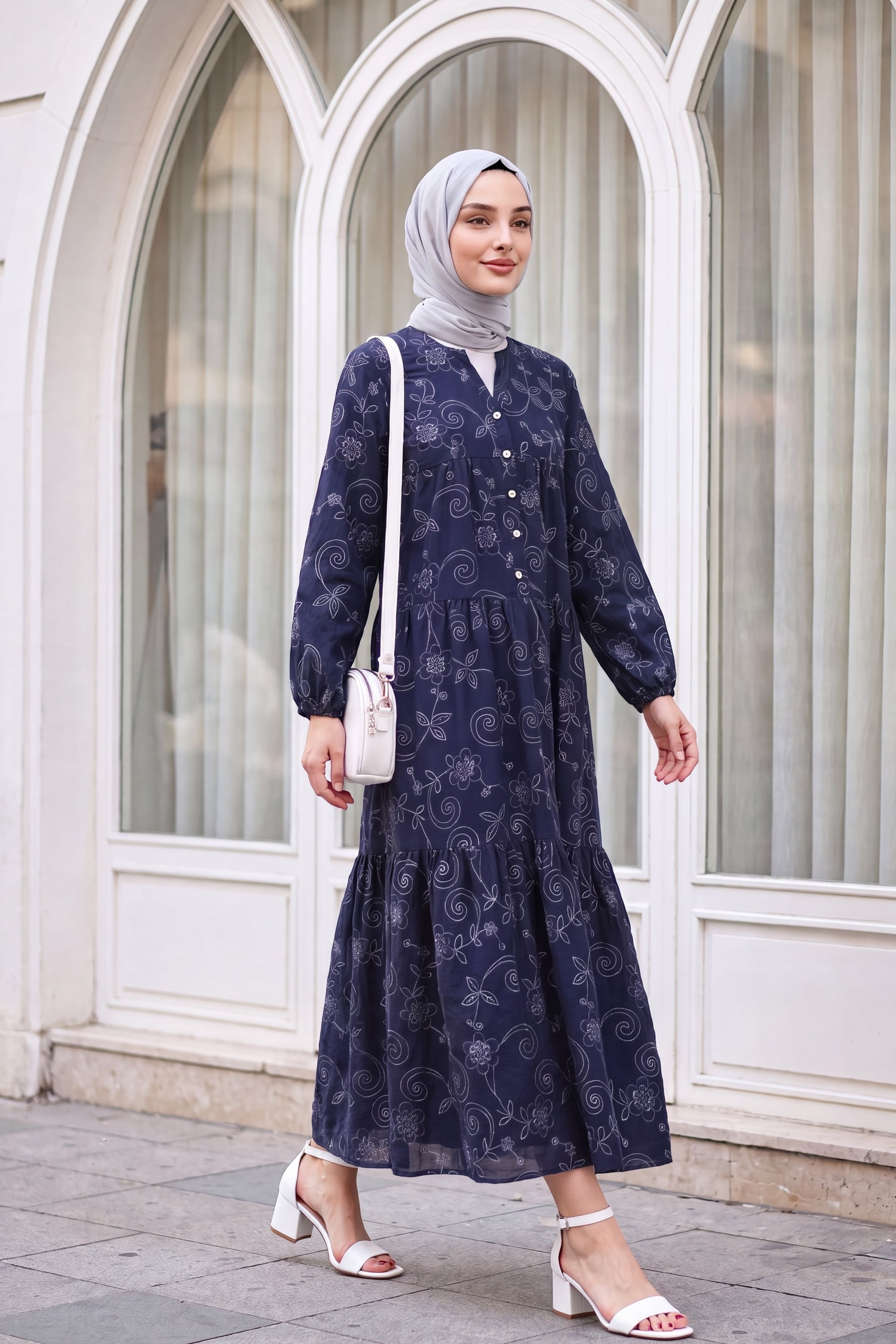 Navy Blue Floral Print Tiered Maxi Dress with Long Sleeves - Podyumplus - by Peralane