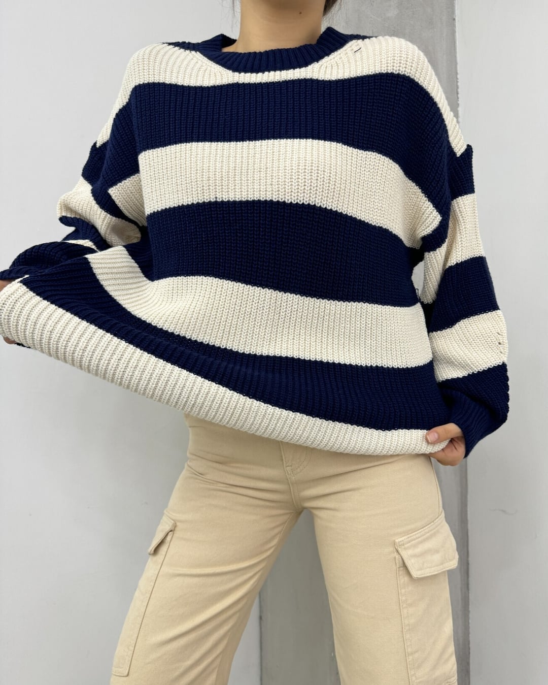 Navy Blue Striped Knit Sweater and Skirt Set - Podyumplus - by Peralane - photo 4