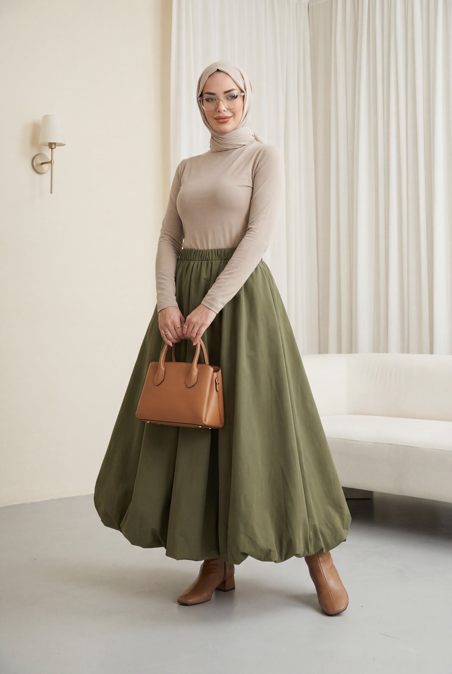 Elasticated Lined Poplin Balloon Skirt - Olive Green - Podyumplus - by Peralane - photo 2