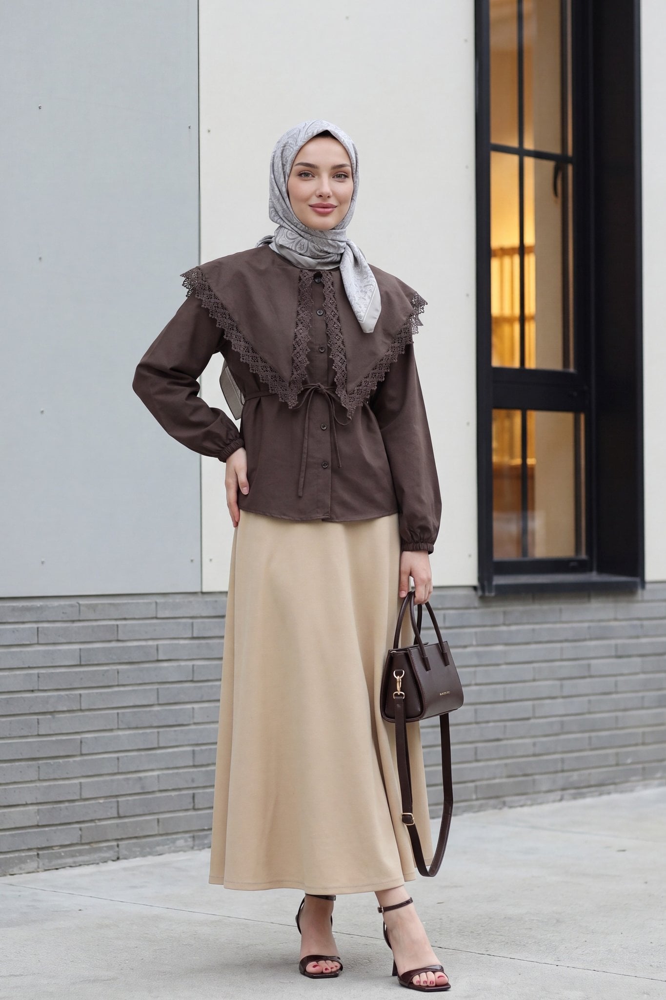 Lace Collar Tie Front Poplin Blouse - Dark Brown - Podyumplus - by Peralane - photo 5