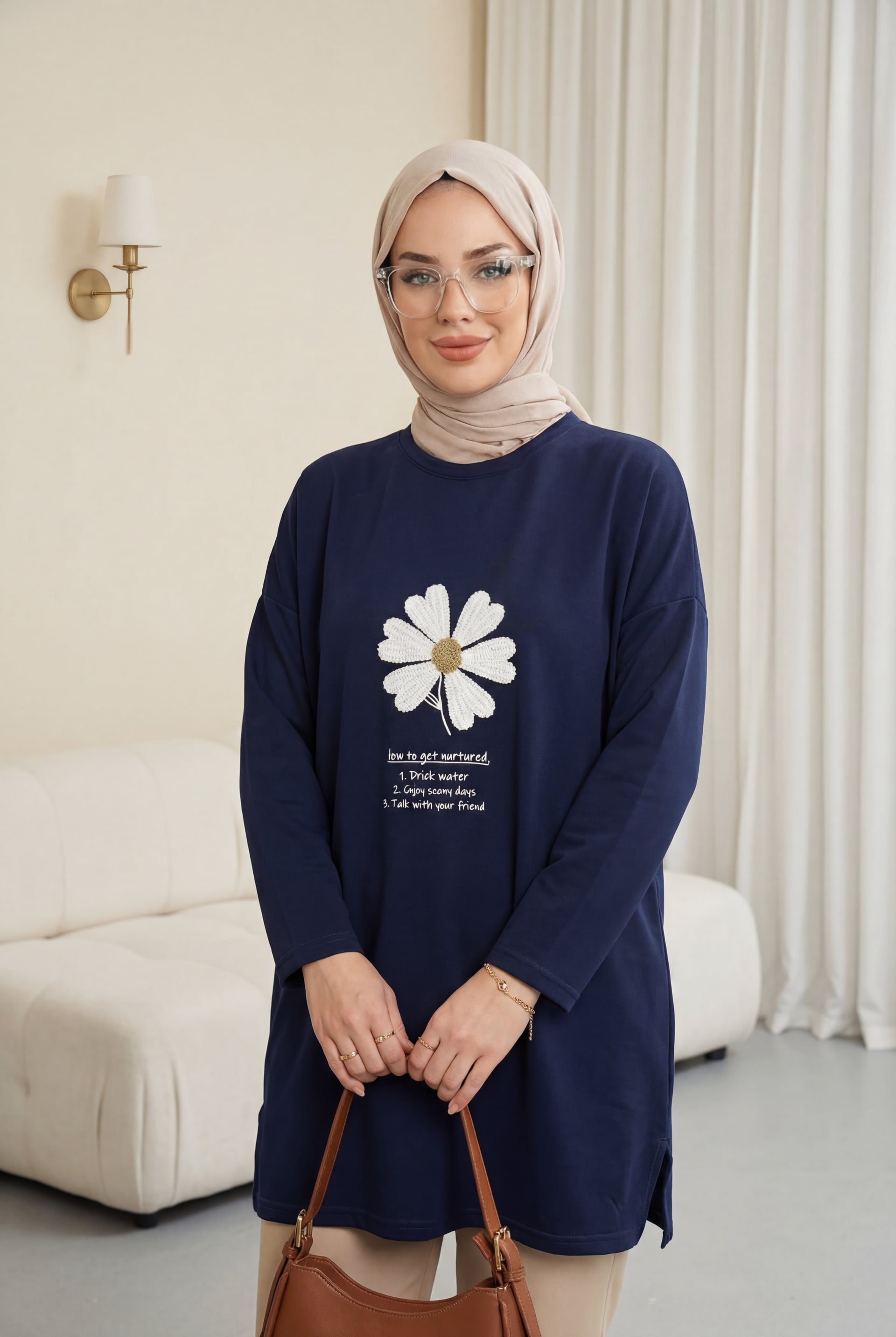 Navy Floral Embroidered Crew Neck Knit Tunic - Podyumplus - by Peralane - photo 6