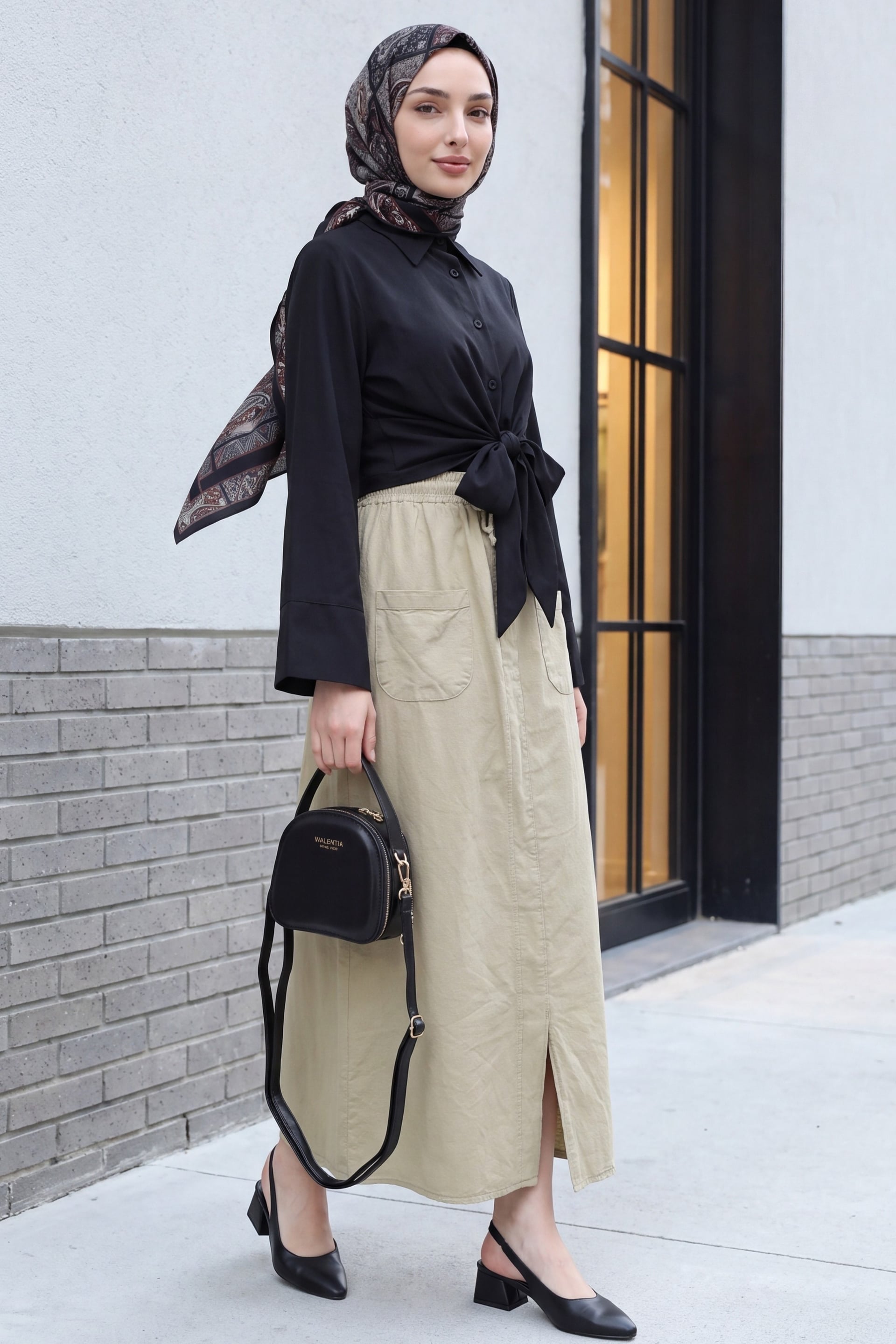 Midi Skirt with Tie Waist and Front Slit - Beige - Podyumplus - by Peralane - photo 3