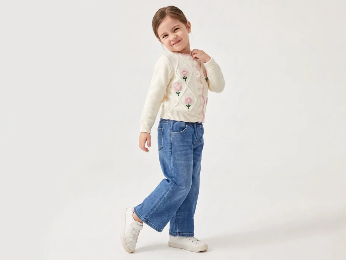Girls' Knit Cardigan and Dress Set with Floral Detail - Incilay - by Peralane
