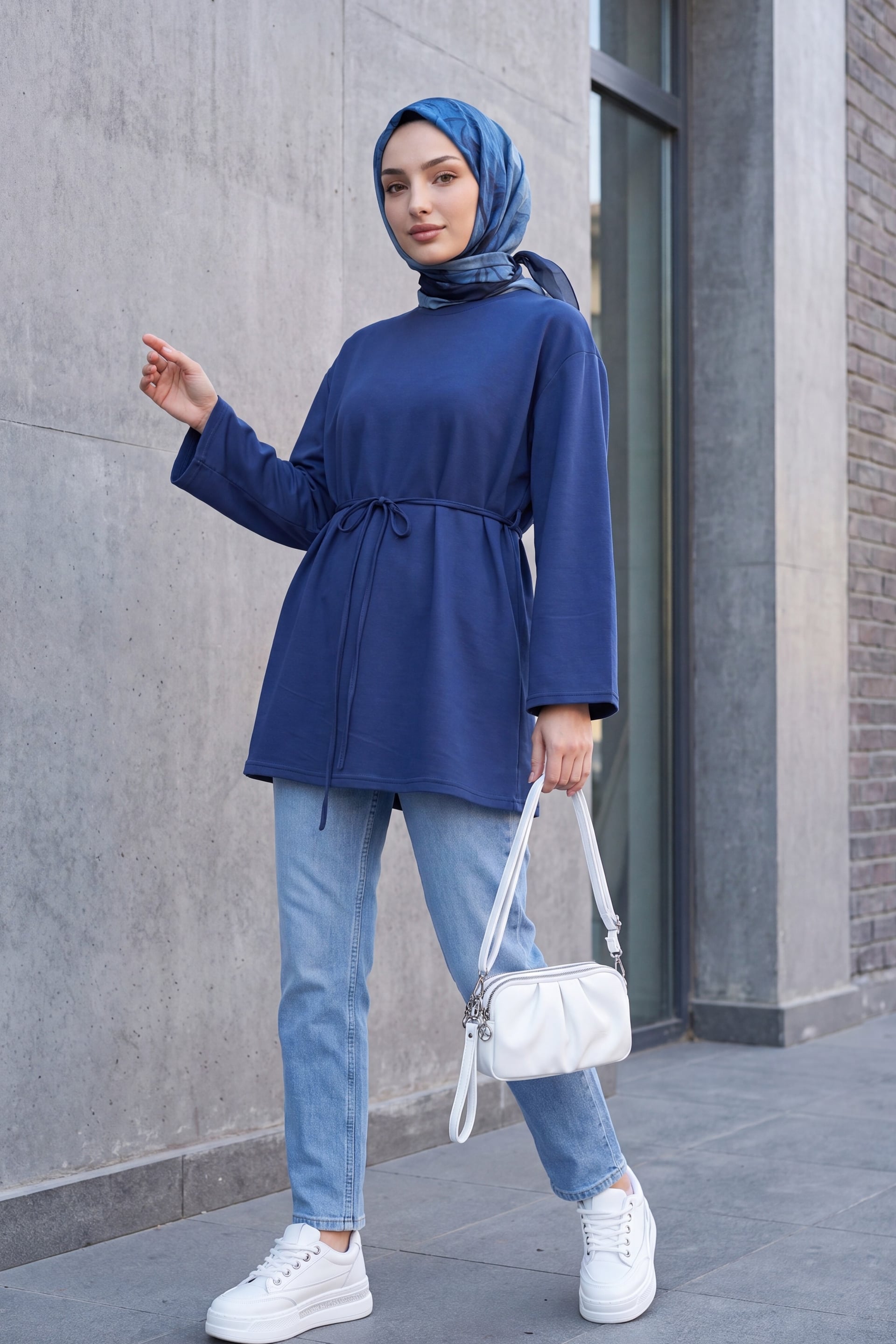 Women's Round Neck Tie-Waist Jersey Tunic - Navy - Podyumplus - by Peralane - photo 6