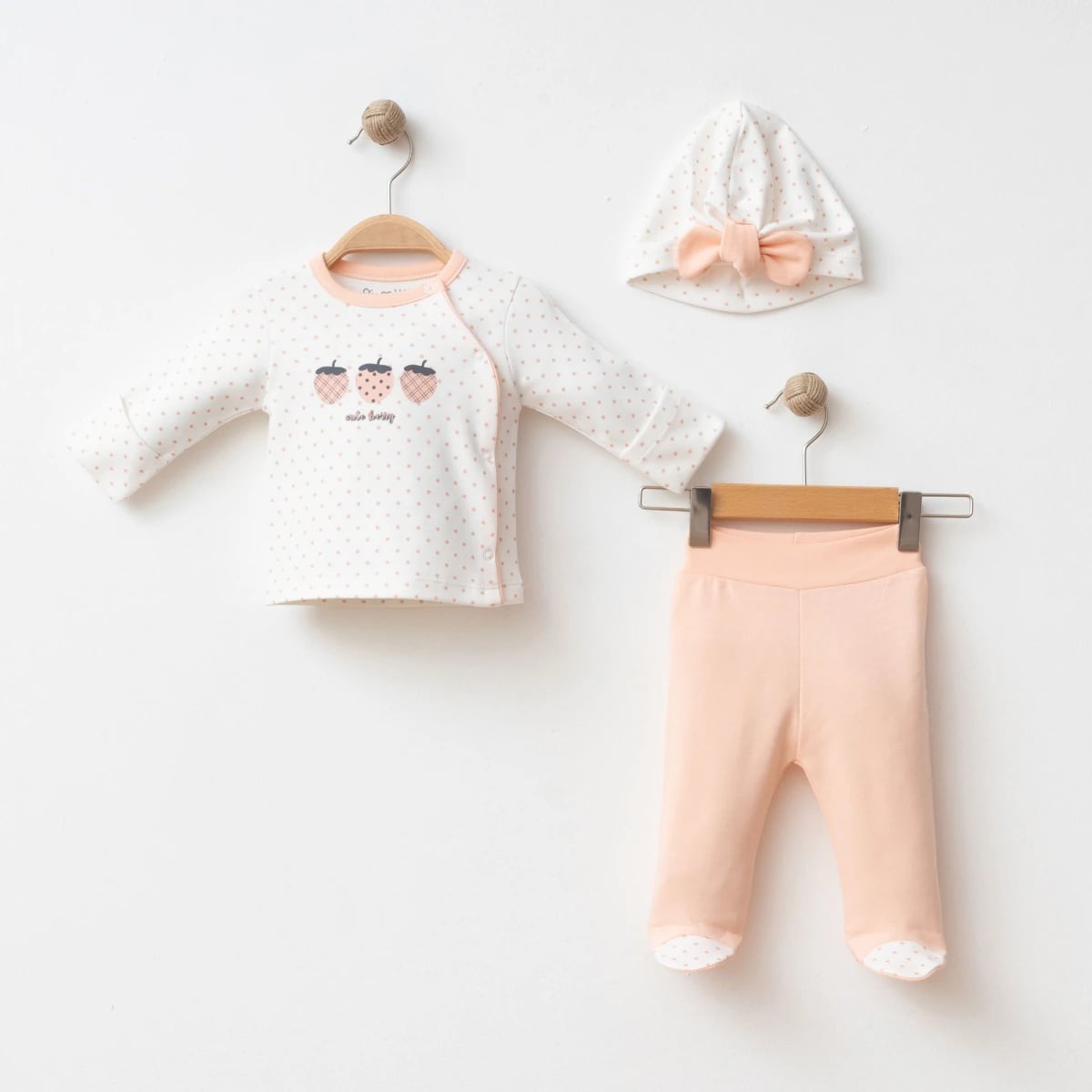 Newborn 3-Piece Cotton Set - Peach with Polka Dot Print - Gumus Baby - by Peralane