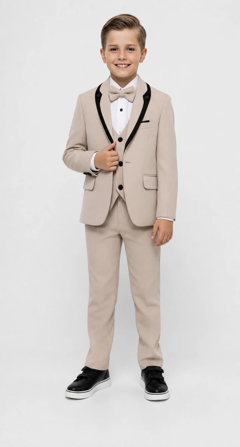 4-Piece Beige Boys' Suit Set with Velvet Collar - Terry - by Peralane