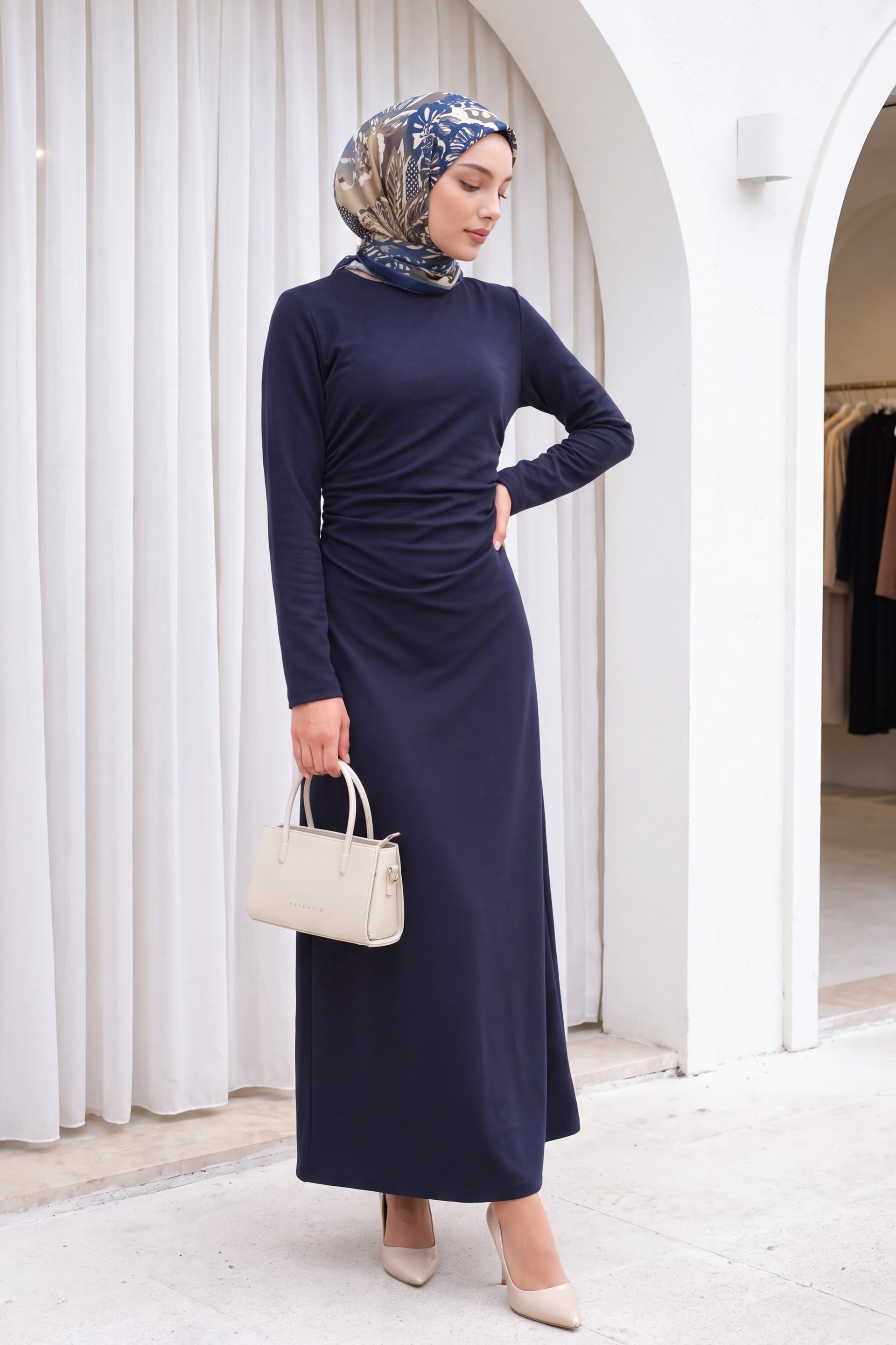 Women's Navy Blue Ruching Waist Knit Crepe Dress - Podyumplus - by Peralane - photo 3