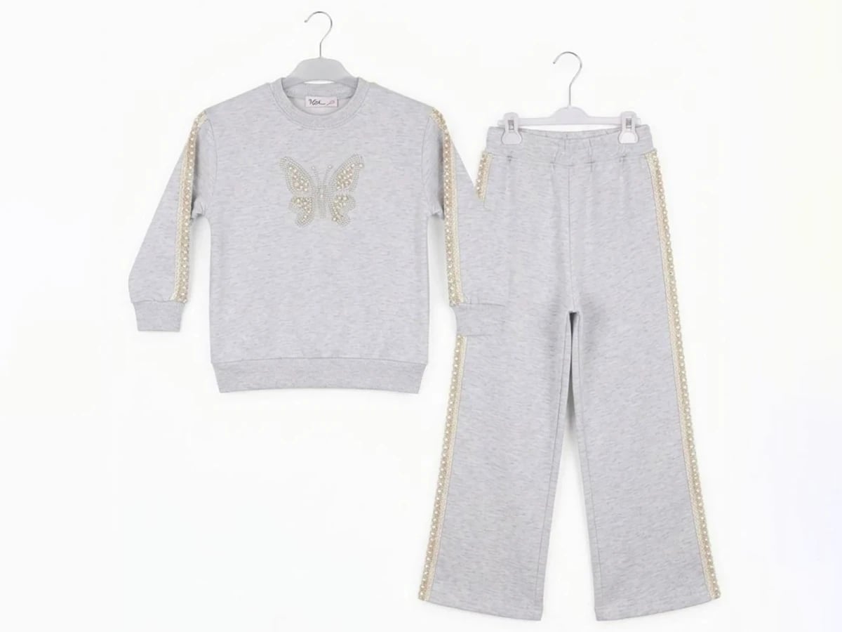 Girls' Butterfly Embroidered Lace Detail 3-Thread Brushed Sweatshirt and Trousers Set - CMK - by Peralane