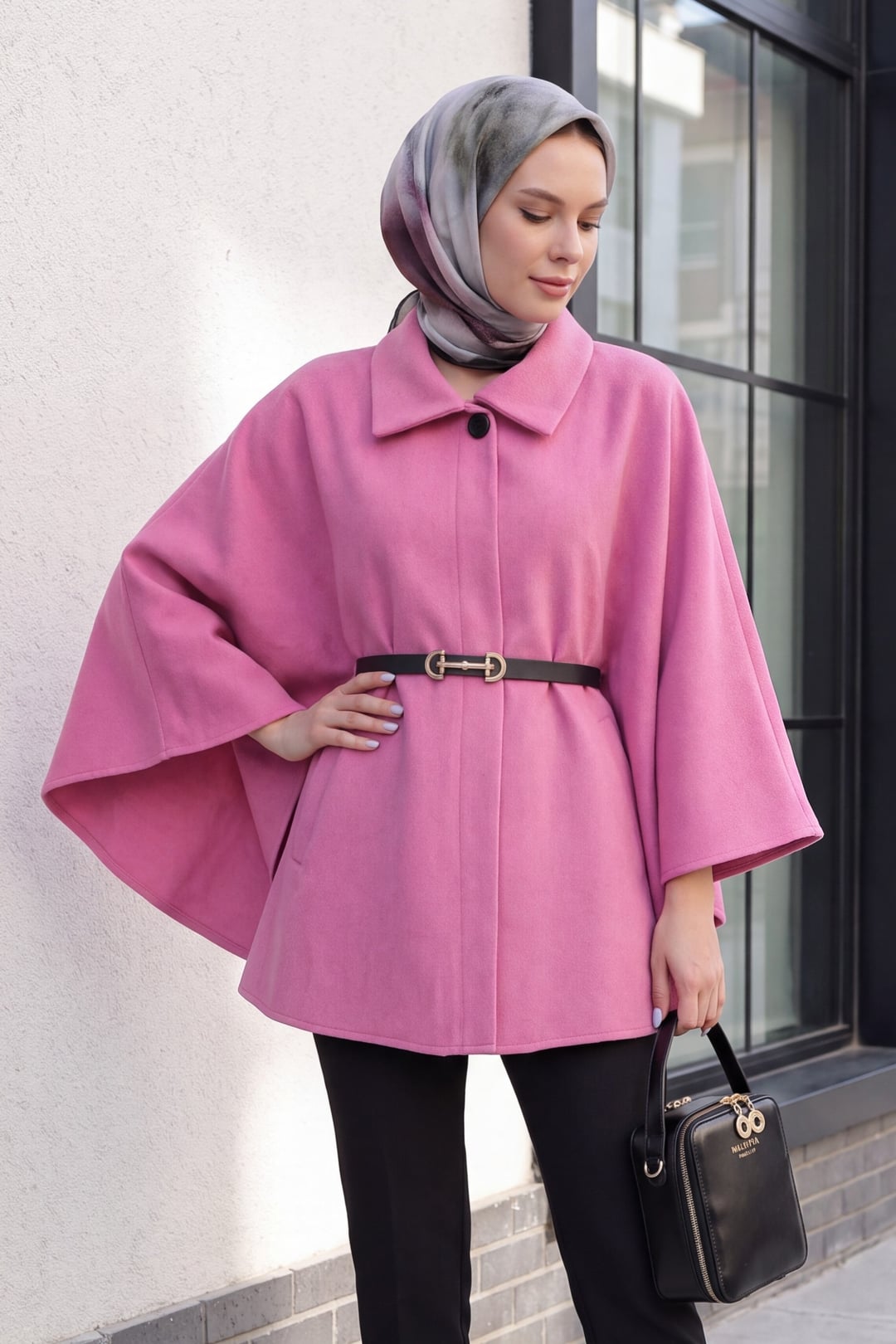 Women's Belted Wool-Blend Cape Poncho - Pink - Bigdart - by Peralane - photo 2