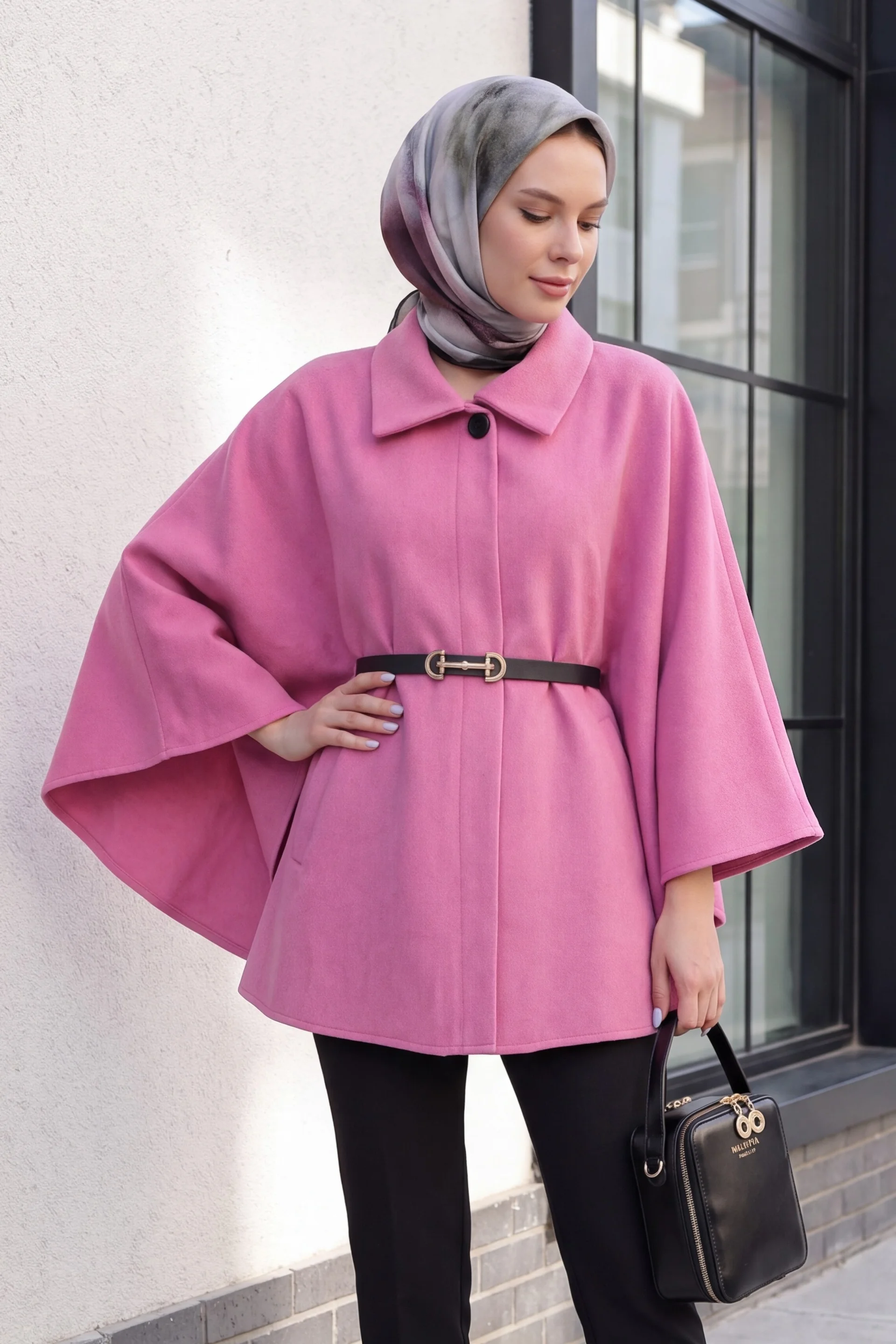 Women's Belted Wool-Blend Cape Poncho - Pink - Wholeskop - by Peralane - photo 2