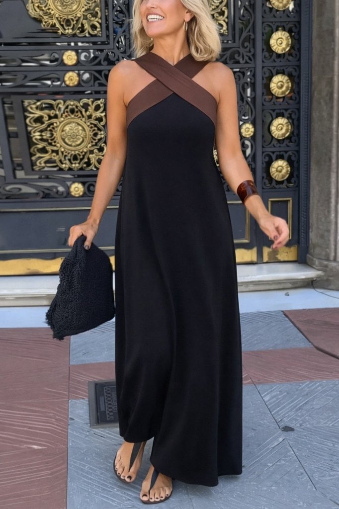 Women's Sleeveless Two-Tone Long Viscose Dress with Criss-Cross Neckline - Janes - by Peralane
