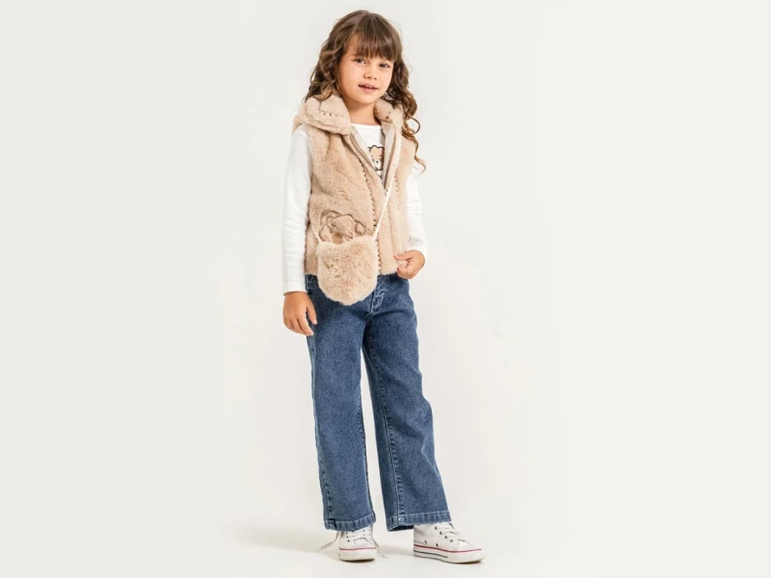 Girls' Faux Fur Vest with Hood and Pouch - 4 Piece Set - Pampal Kids - by Peralane
