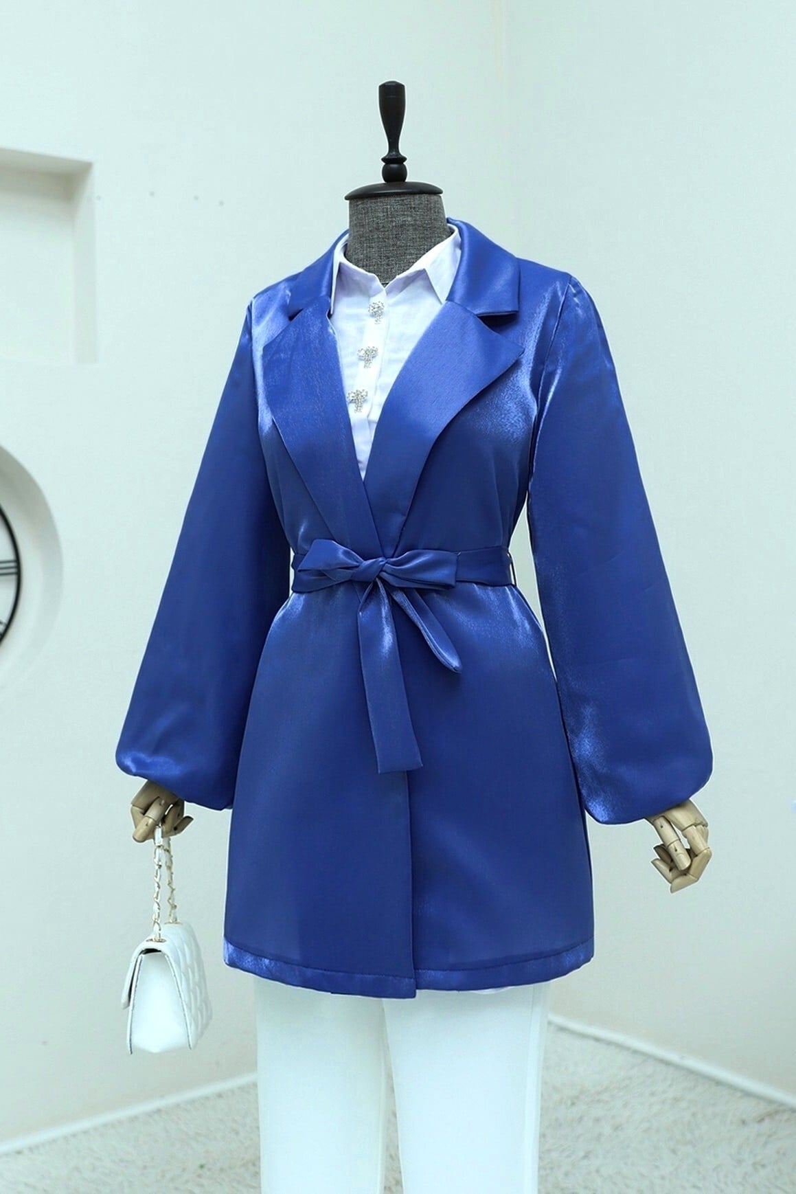 Women's Satin Wrap Jacket with Flounced Sleeves - Royal Blue - Podyumplus - by Peralane