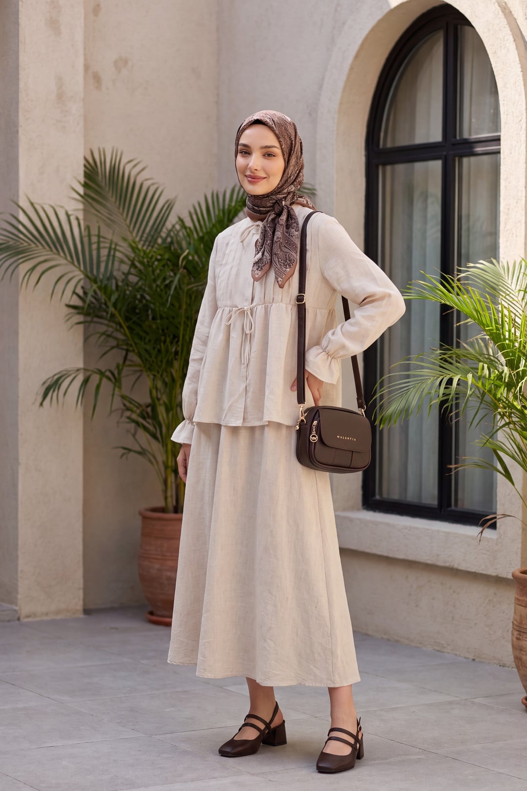 Half Button Long Sleeve Tie Front Linen Look Skirt Set - Beige - Podyumplus - by Peralane - photo 4