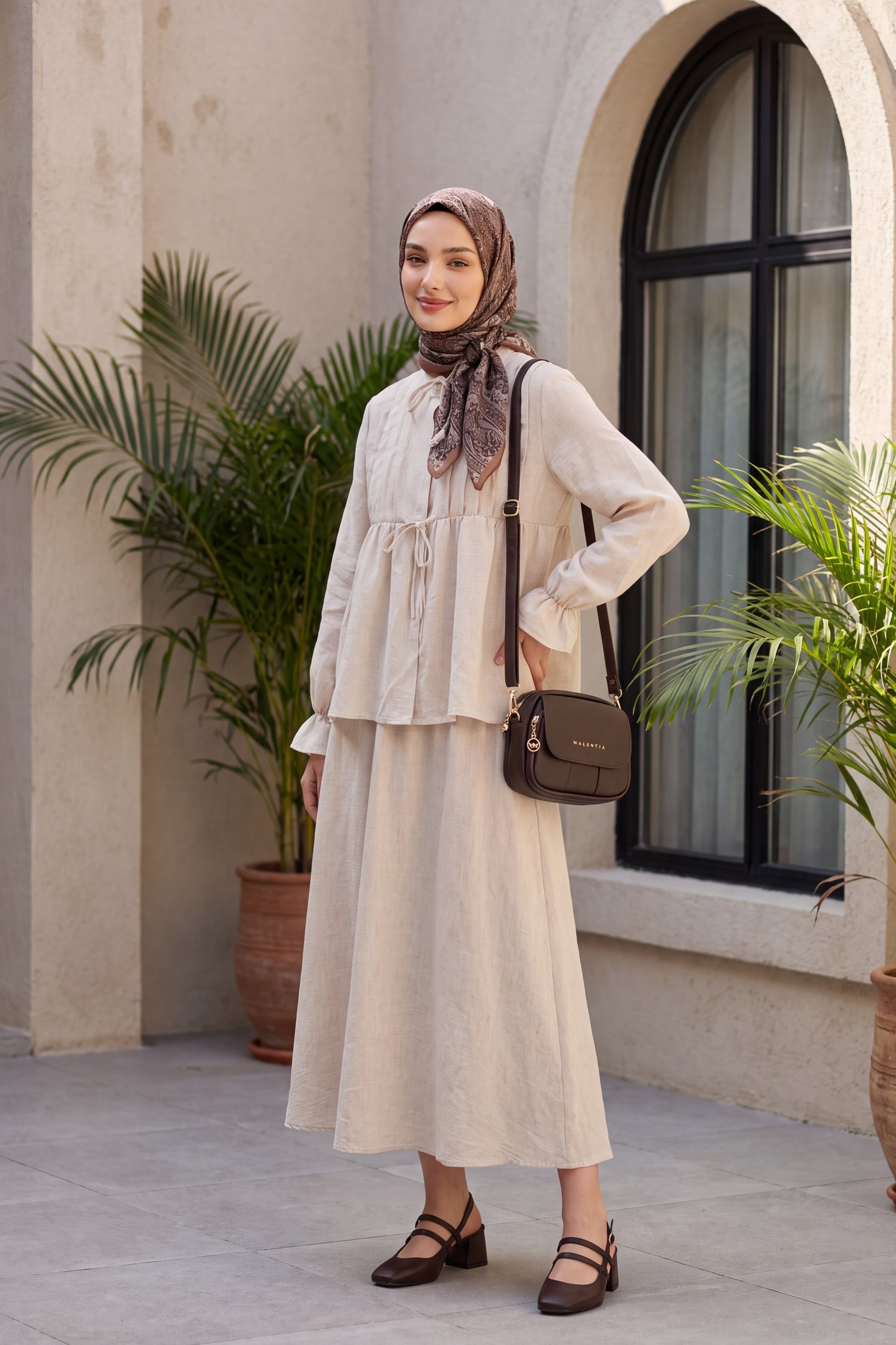 Half Button Long Sleeve Tie Front Linen Look Skirt Set - Beige - Podyumplus - by Peralane - photo 4