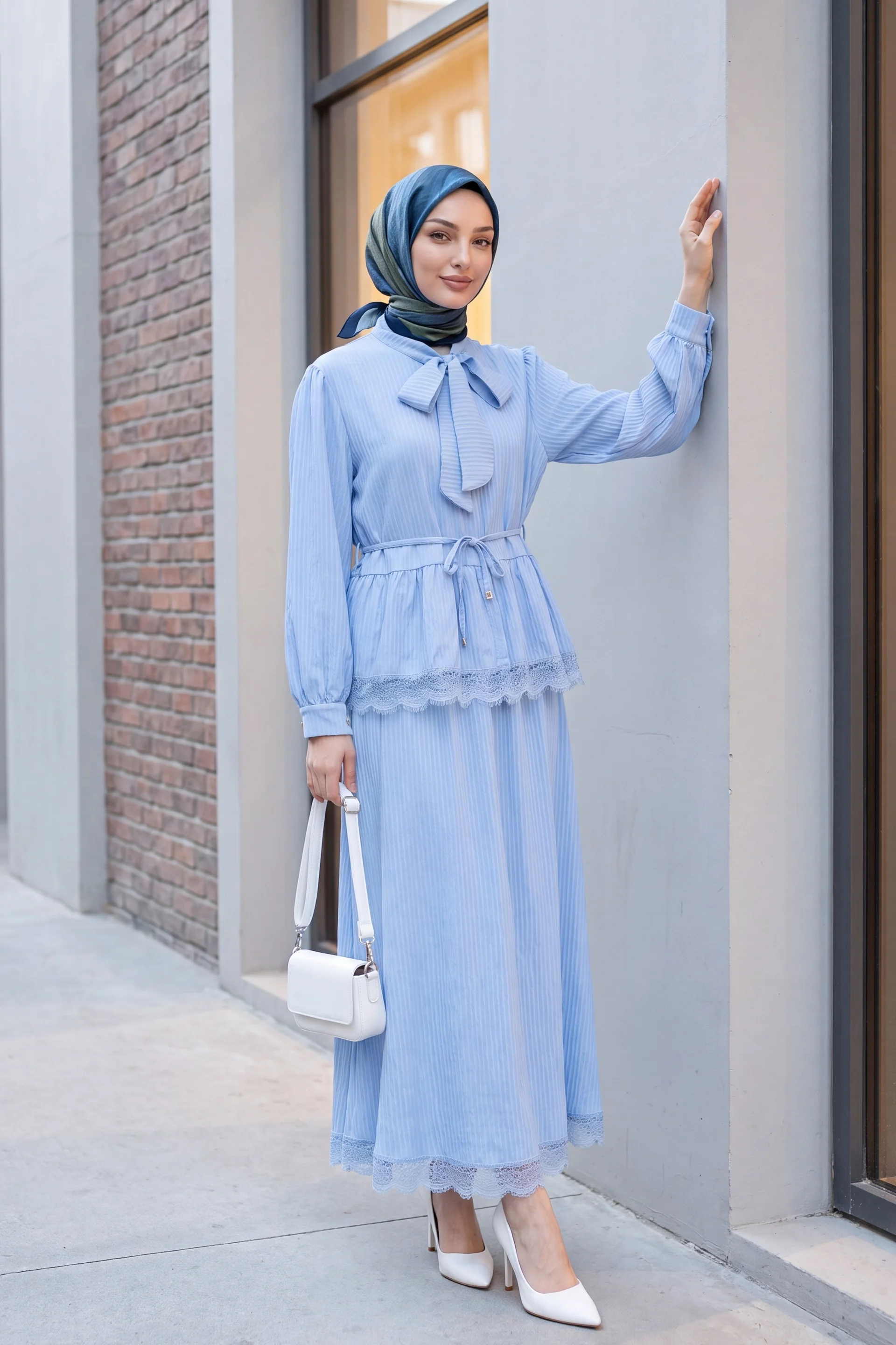 Pussy-Bow Neck Tie-Belt Pleated Crepe Co-ord Set - Baby Blue - Podyumplus - by Peralane