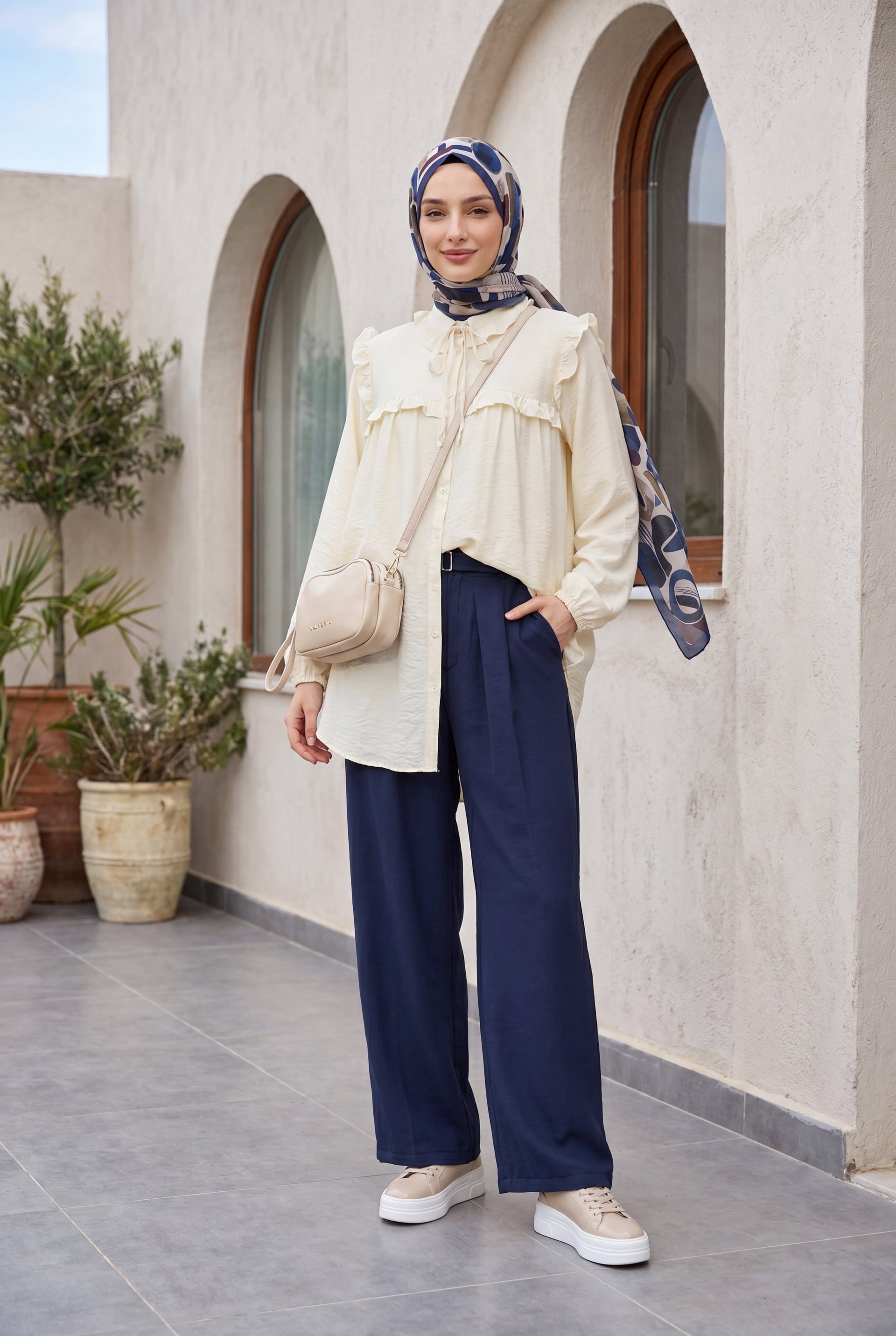 Women's Elastic Waistband Trousers with Belt Detail - Navy - Podyumplus - by Peralane - photo 3