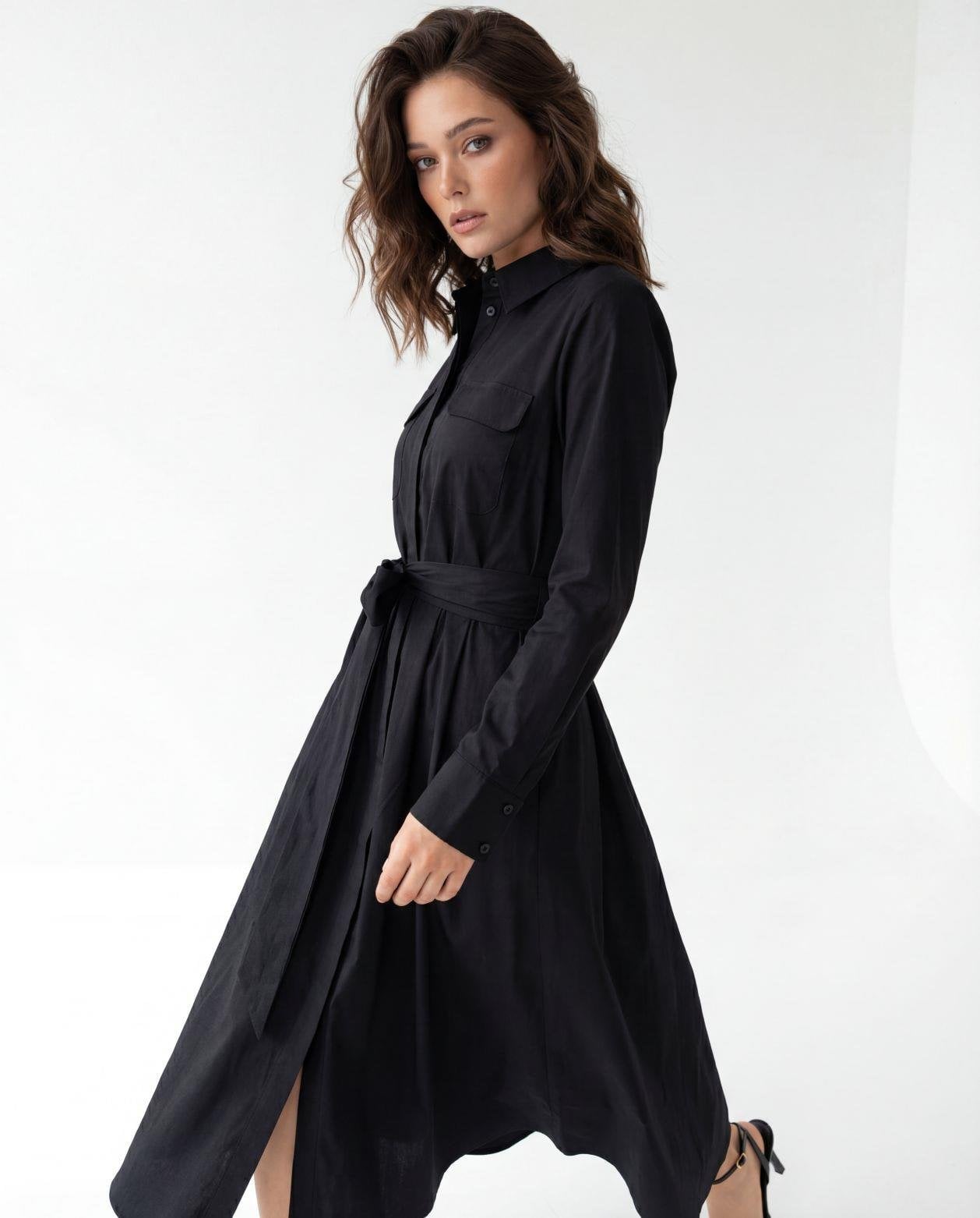 Black Long-Sleeved Collared Dress with Belt - Fame - by Peralane - photo 4