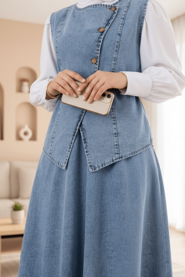 Cross Button Belted Denim Vest and Skirt Set - Ice Blue - Podyumplus - by Peralane