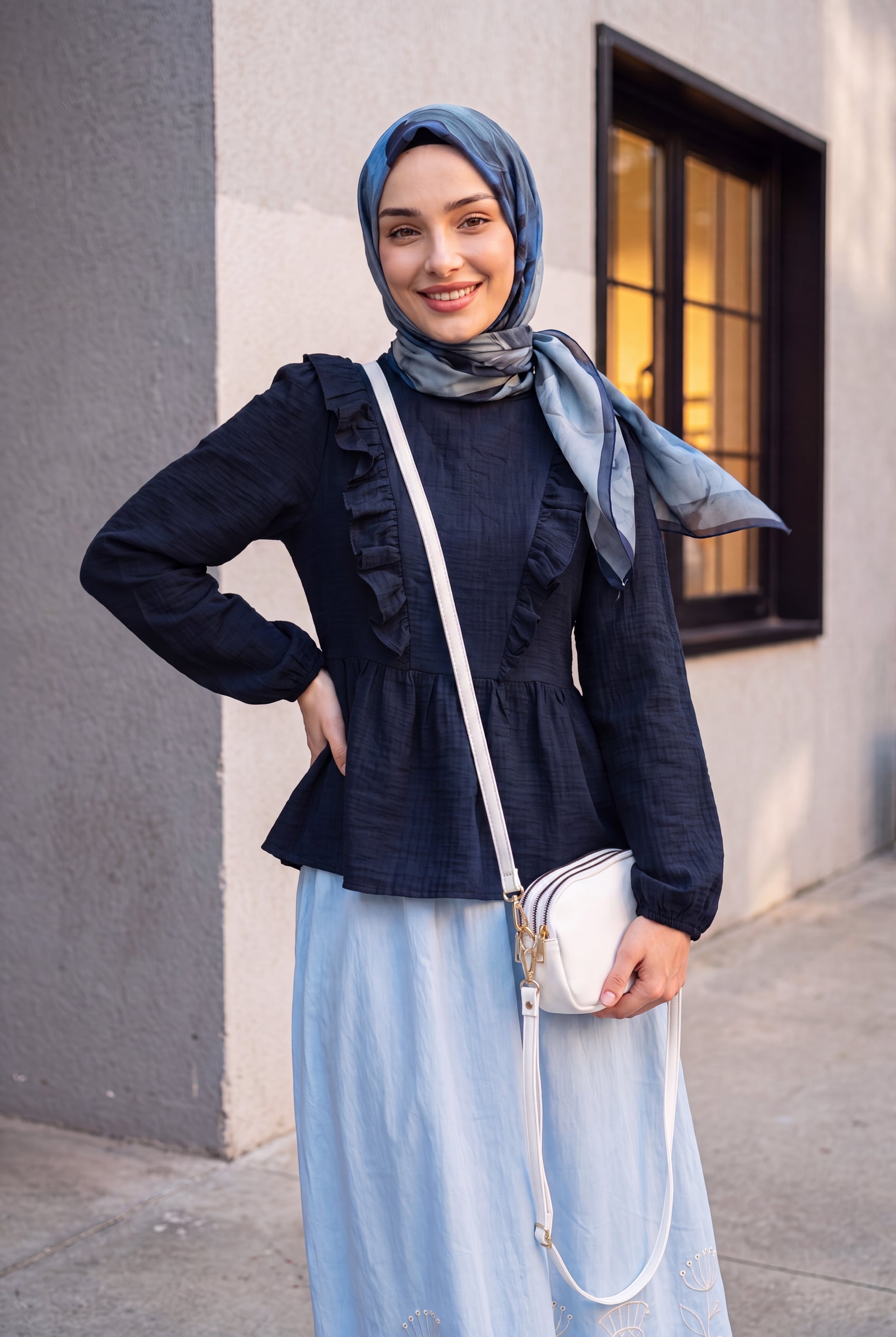 Navy Blue Tie-Neck Ruffle Crinkle Blouse with Matching Skirt Set - Podyumplus - by Peralane