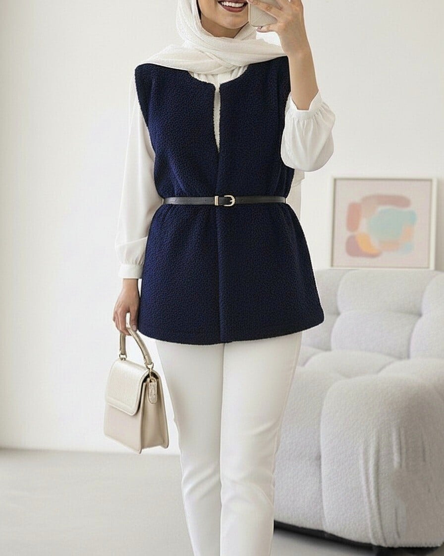 Navy Blue Belted Faux Fur Vest - Podyumplus - by Peralane - photo 2