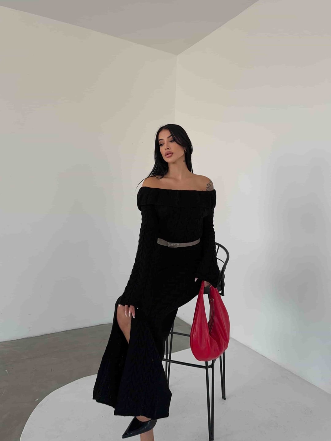 Black Off-Shoulder Cable Knit Dress with Slit - My Bee - by Peralane - photo 4