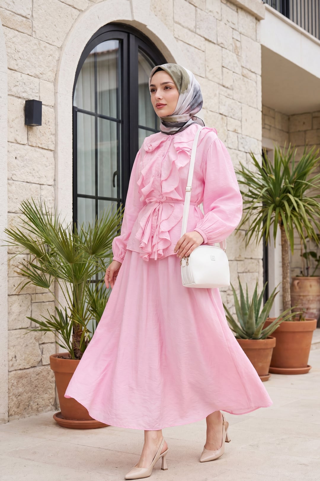 Women's Pink Ruffled Front Tie Waist Skirt Set with Blouse - Podyumplus - by Peralane - photo 4