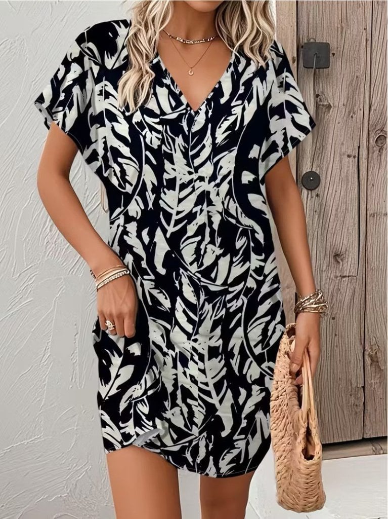 Women's Short Batwing Sleeve V-Neck Patterned Suprem Short Dress - Janes - by Peralane - photo 3