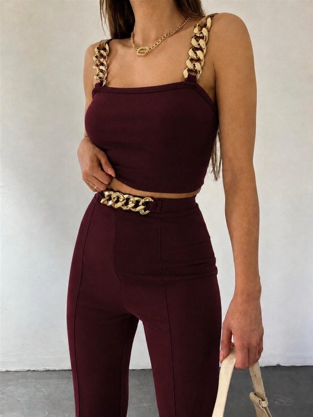 Women's Chain Strap Crop Top and Trousers Two-Piece Set in Burgundy - Janes - by Peralane