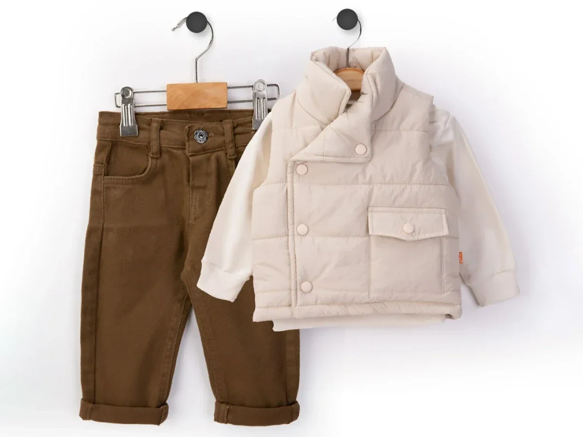 Boys' Three-Piece Set with Quilted Gilet, Top and Trousers in Beige - Beyaz Bebek - by Peralane
